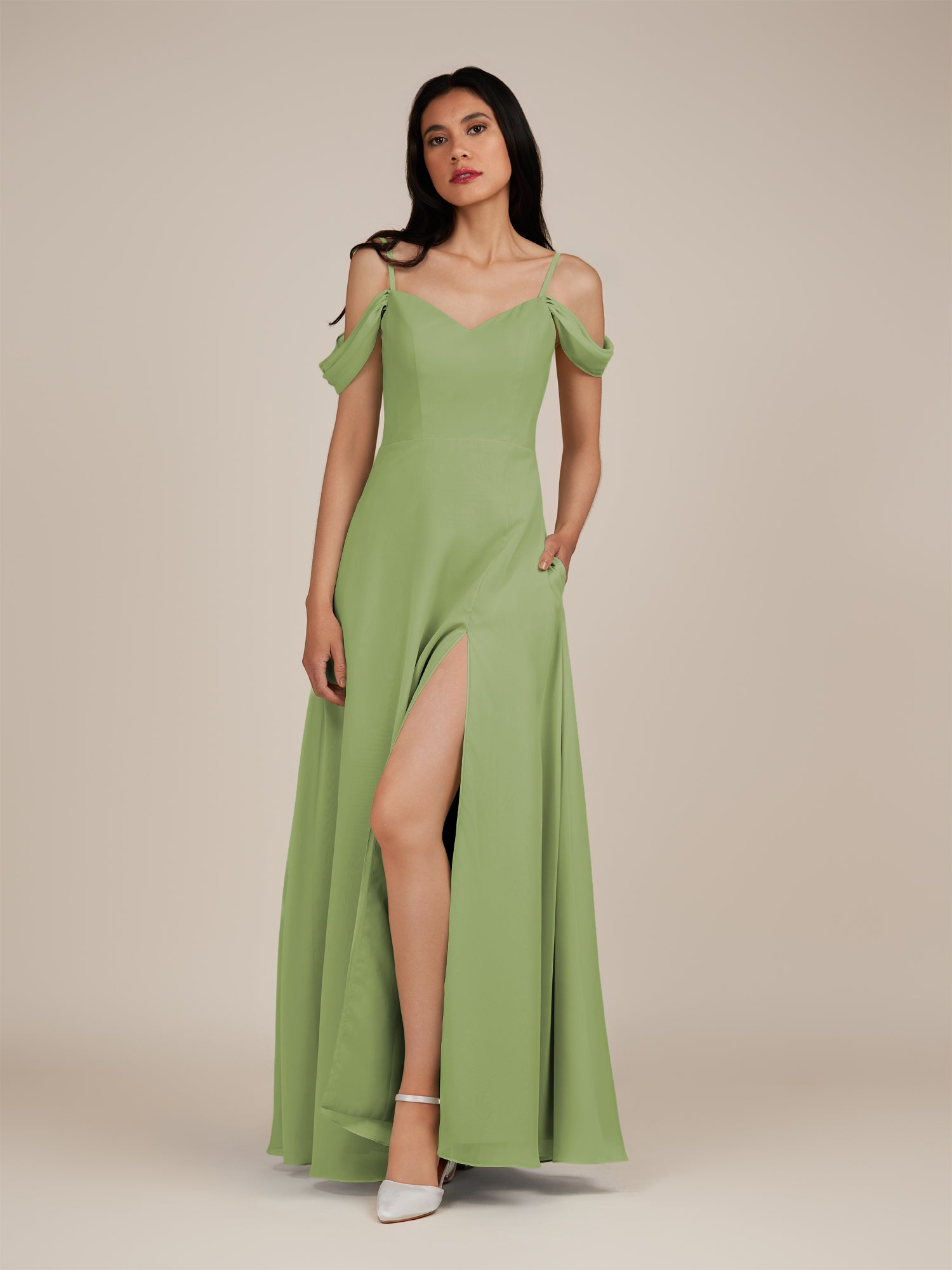 KissDress-Agate Matcha A Line Chiffon Off the Shoulder Long Bridesmaid Dress