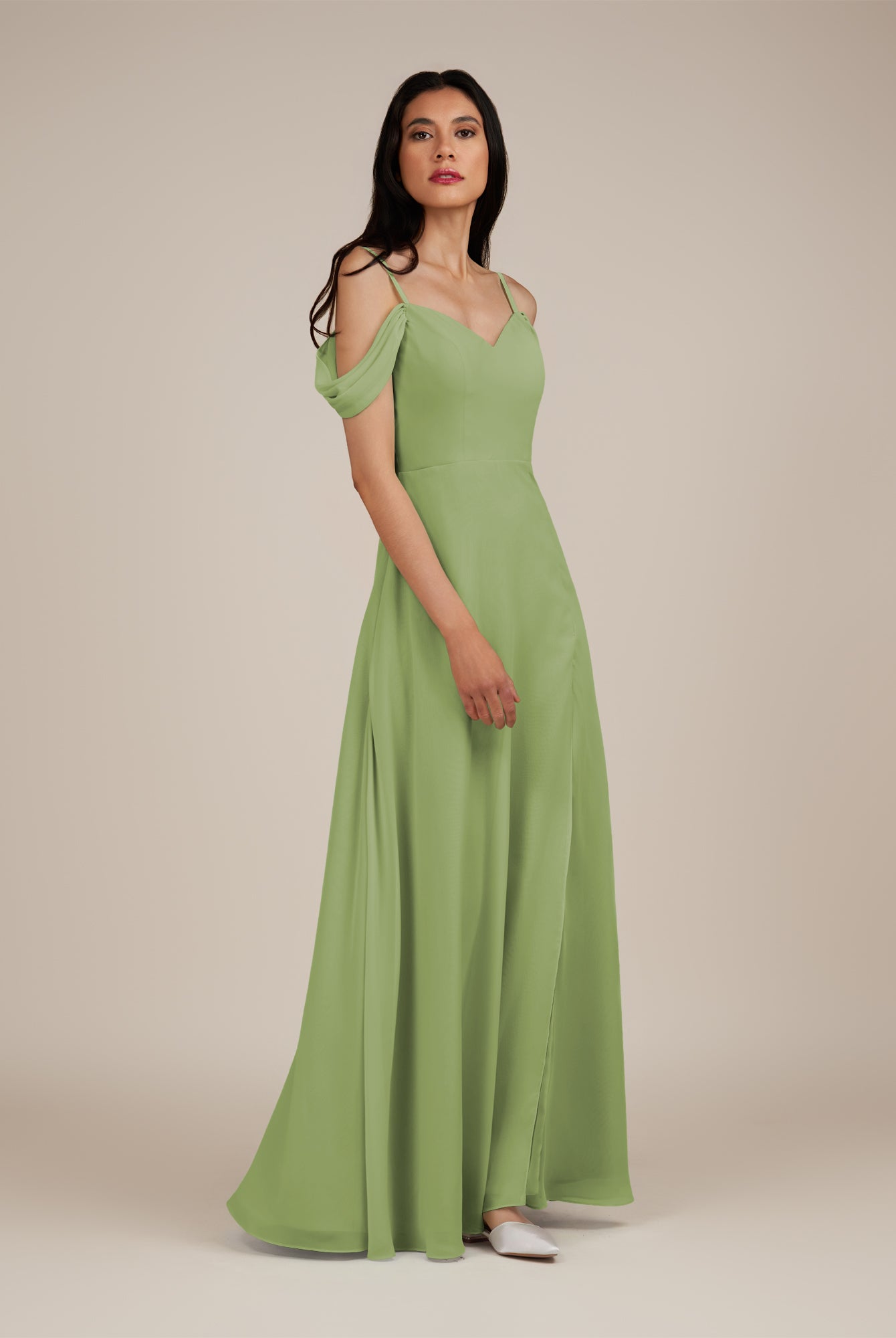 KissDress-Agate Matcha A Line Chiffon Off the Shoulder Long Bridesmaid Dress