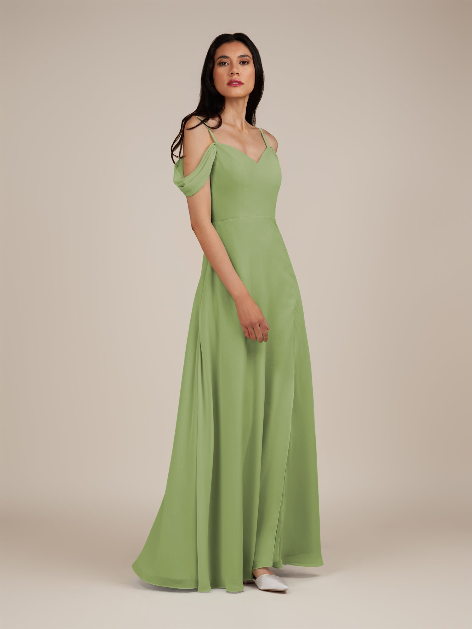 KissDress-Agate Matcha A Line Chiffon Off the Shoulder Long Bridesmaid Dress