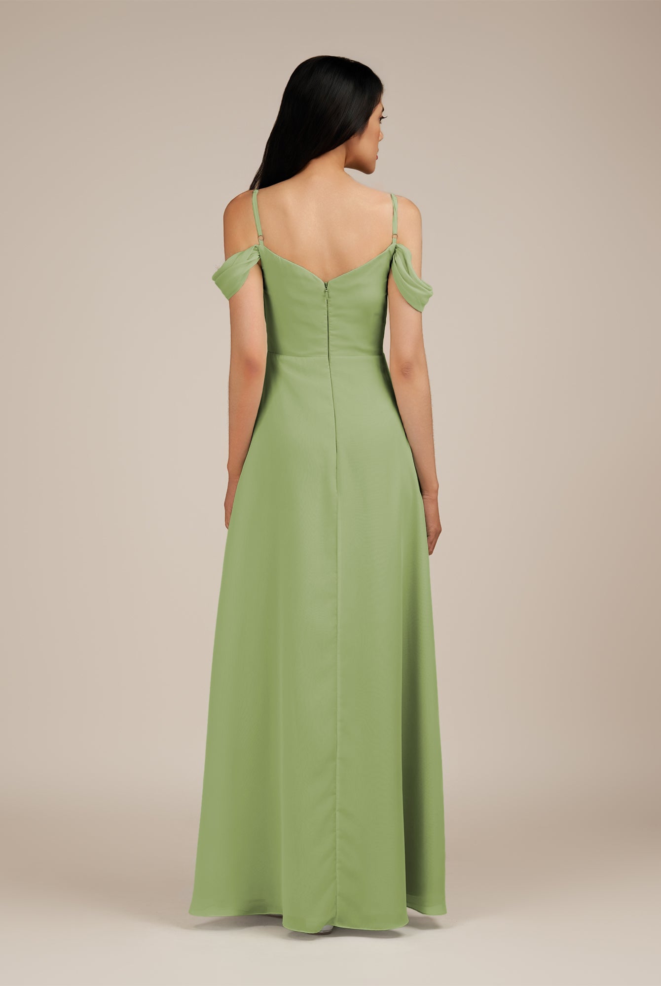 KissDress-Agate Matcha A Line Chiffon Off the Shoulder Long Bridesmaid Dress