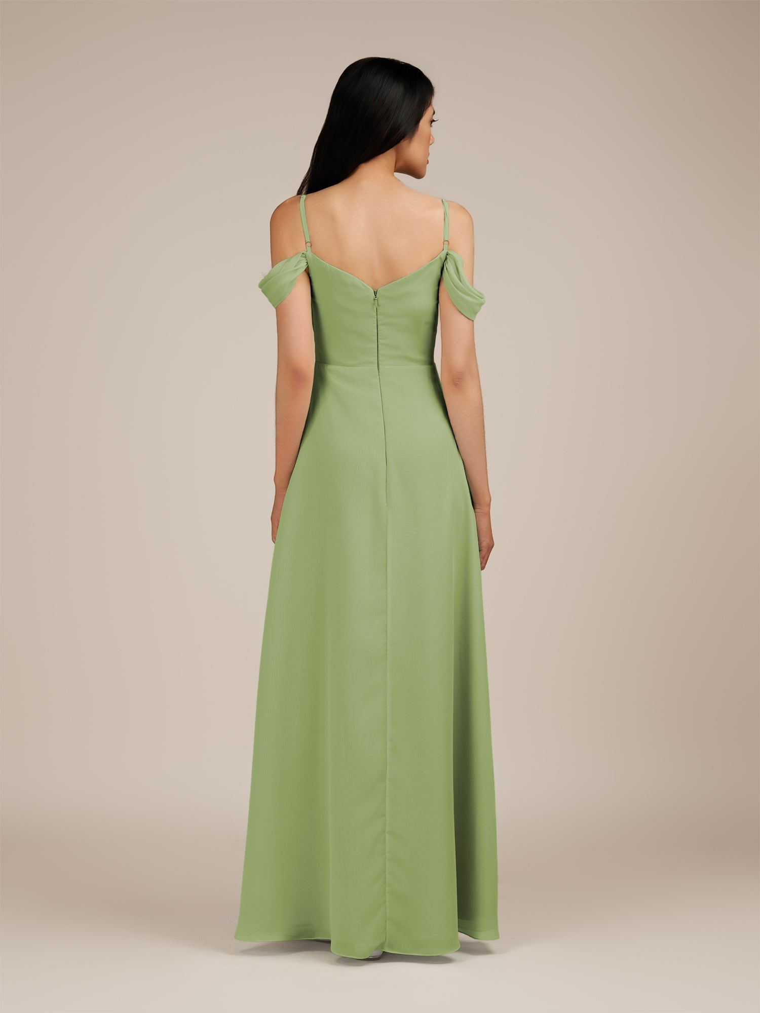 KissDress-Agate Matcha A Line Chiffon Off the Shoulder Long Bridesmaid Dress