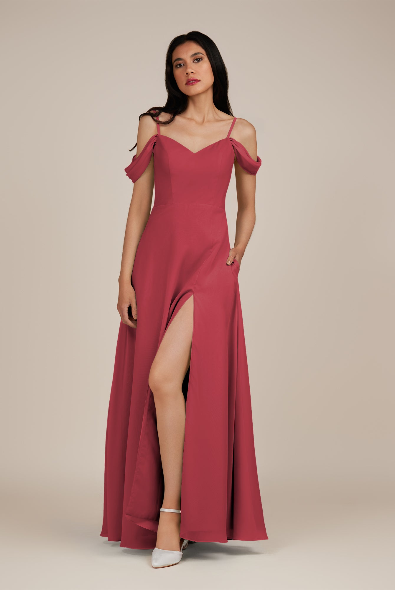 KissDress-Agate Merlot A Line Chiffon Off the Shoulder Long Bridesmaid Dress