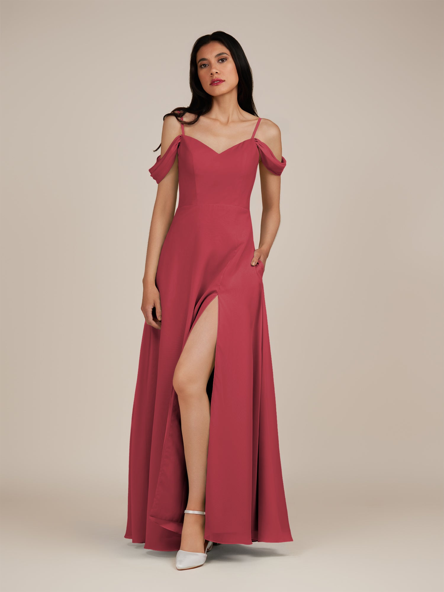 KissDress-Agate Merlot A Line Chiffon Off the Shoulder Long Bridesmaid Dress