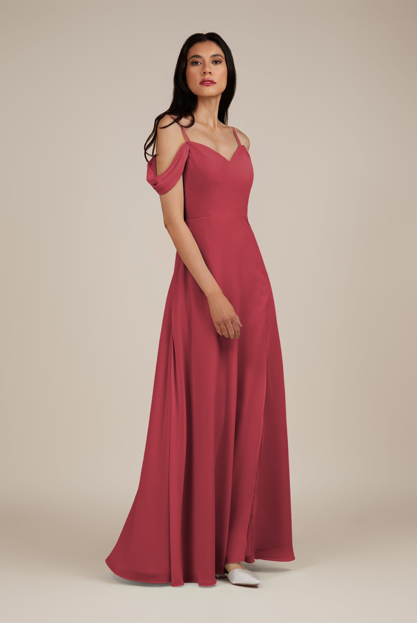 KissDress-Agate Merlot A Line Chiffon Off the Shoulder Long Bridesmaid Dress