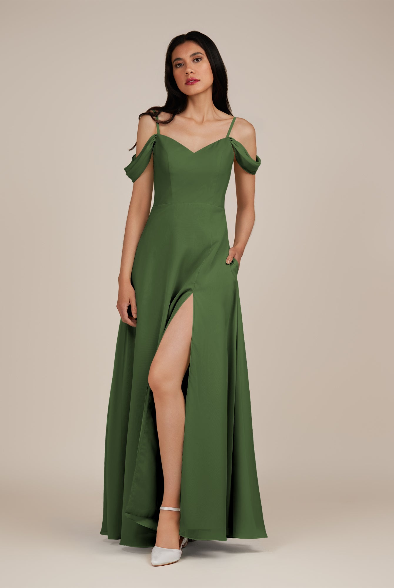 KissDress-Agate Moss A Line Chiffon Off the Shoulder Long Bridesmaid Dress