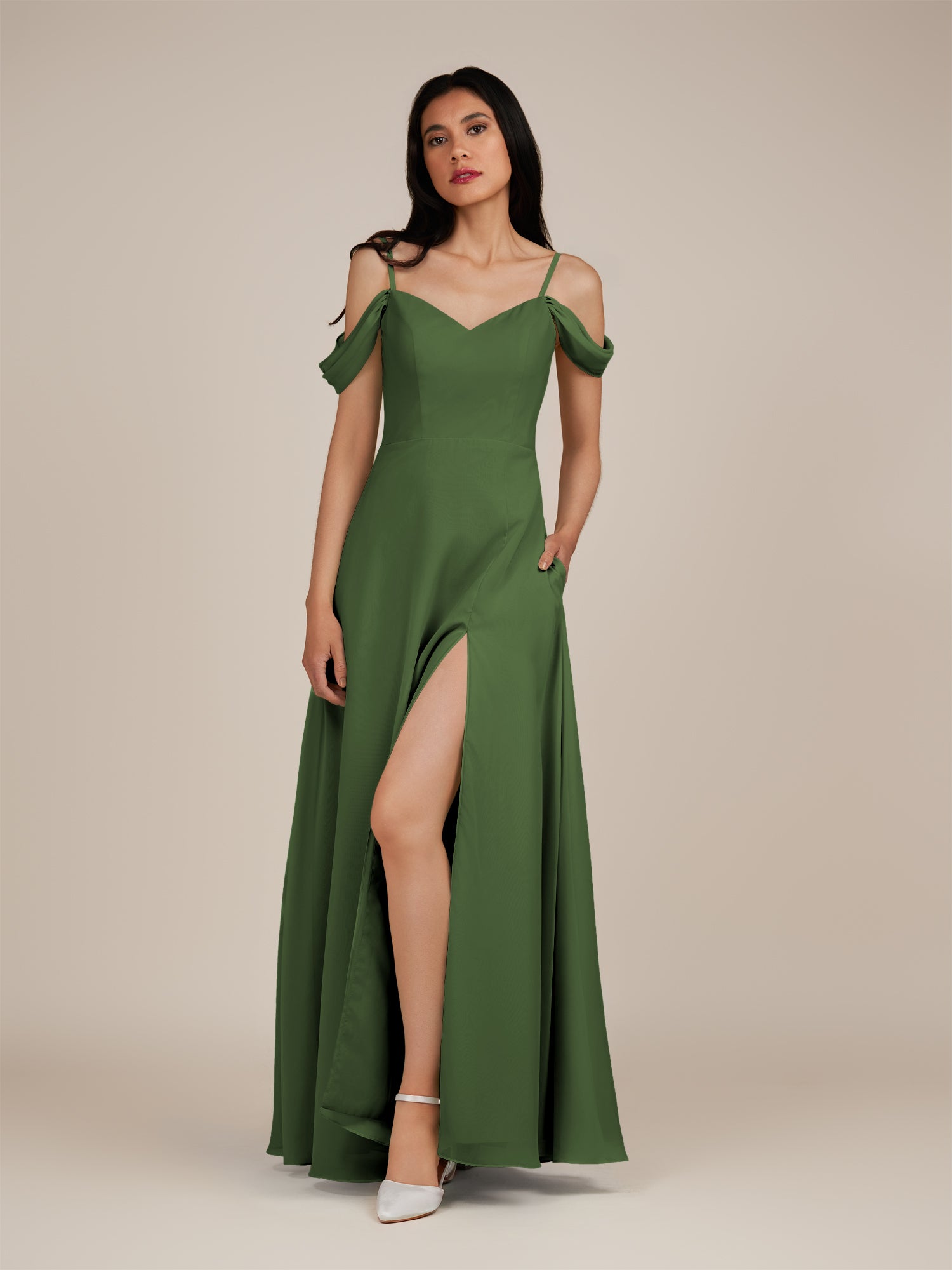 KissDress-Agate Moss A Line Chiffon Off the Shoulder Long Bridesmaid Dress