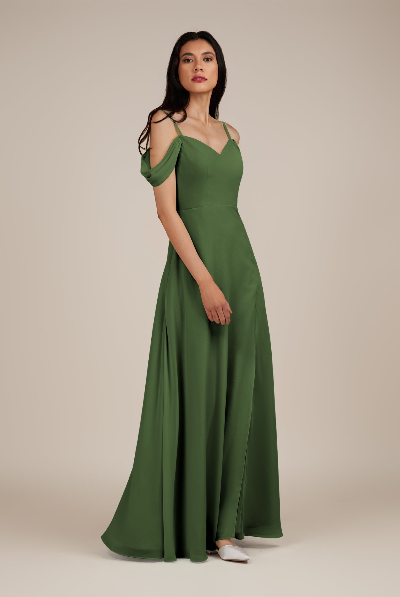 KissDress-Agate Moss A Line Chiffon Off the Shoulder Long Bridesmaid Dress