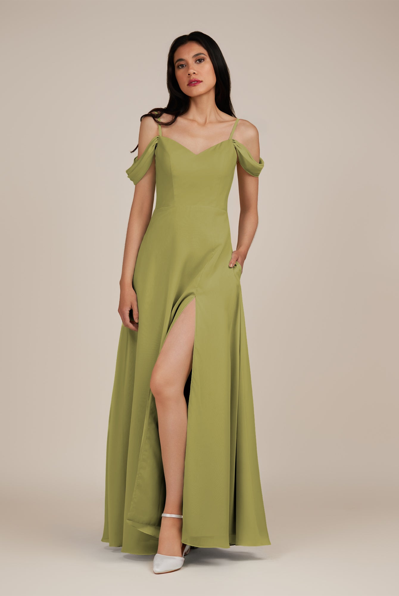 KissDress-Agate Moss Green A Line Chiffon Off the Shoulder Long Bridesmaid Dress