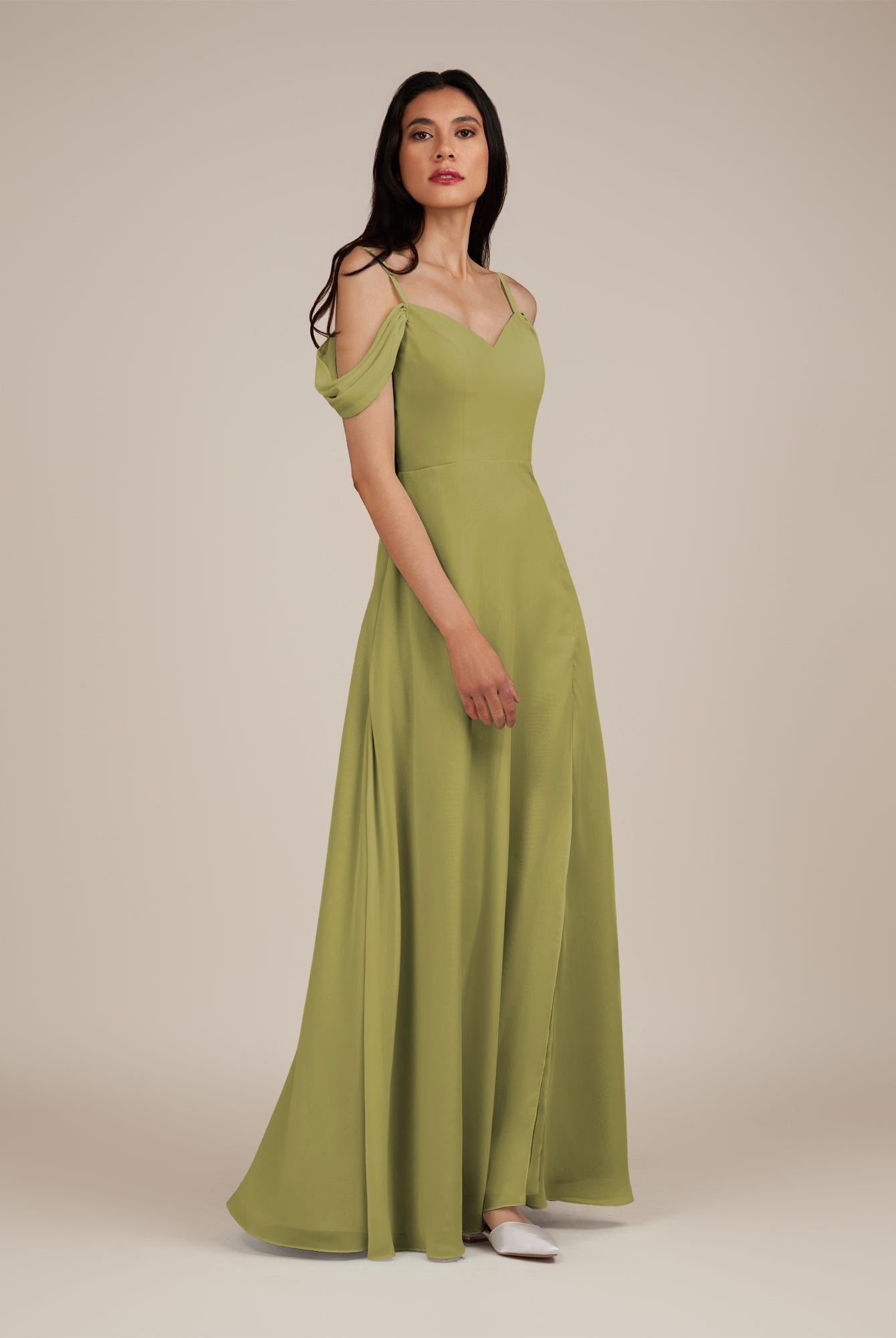 KissDress-Agate Moss Green A Line Chiffon Off the Shoulder Long Bridesmaid Dress