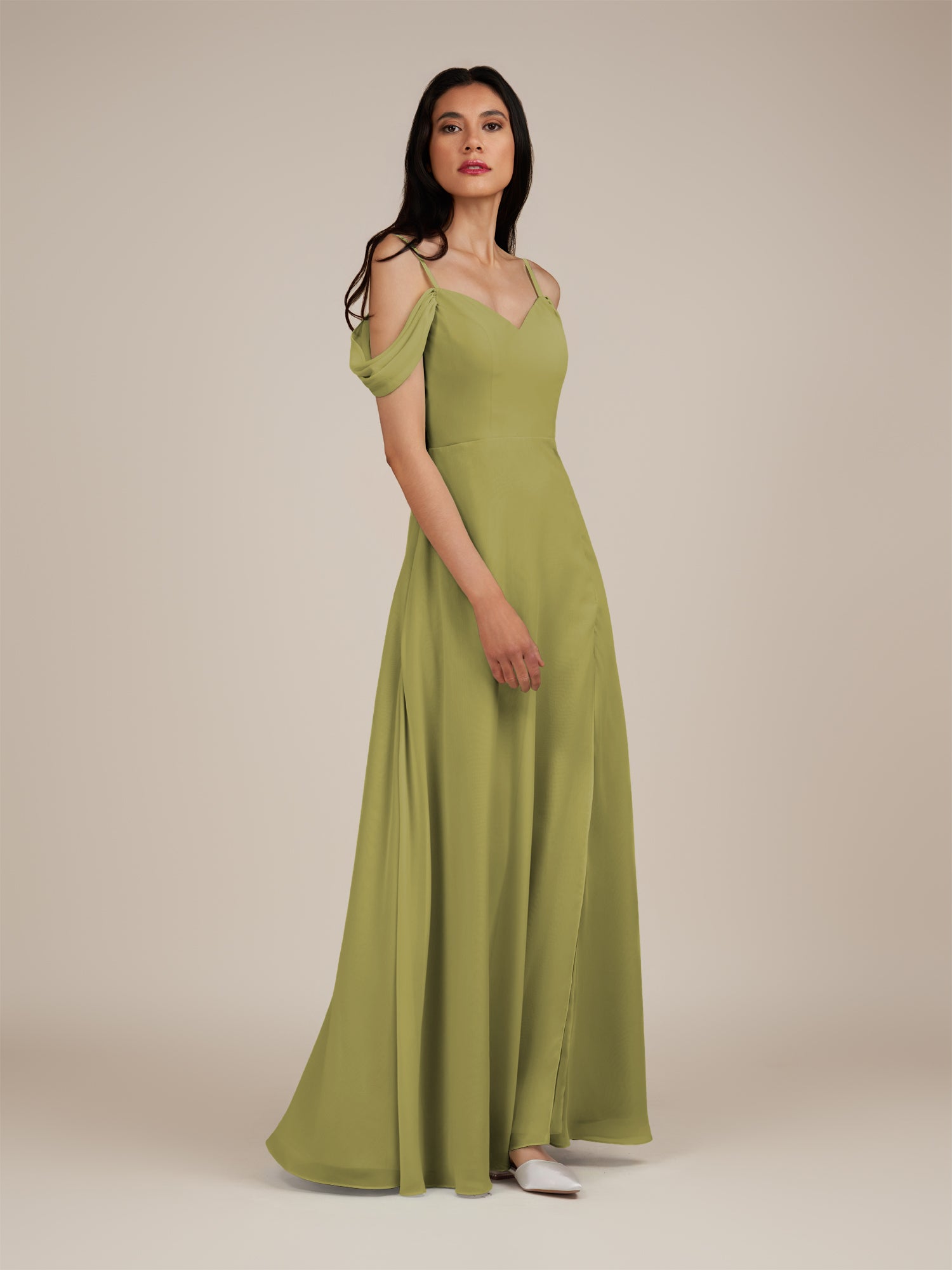 KissDress-Agate Moss Green A Line Chiffon Off the Shoulder Long Bridesmaid Dress