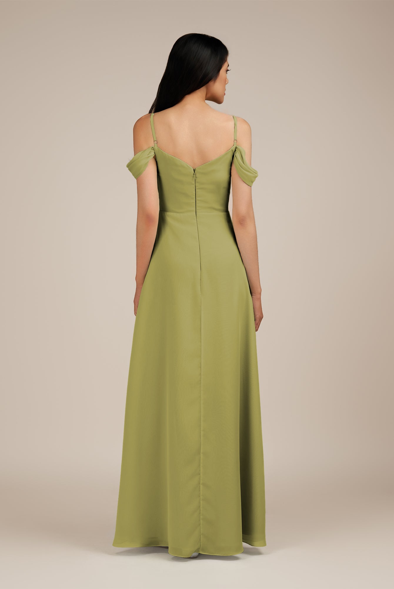 KissDress-Agate Moss Green A Line Chiffon Off the Shoulder Long Bridesmaid Dress