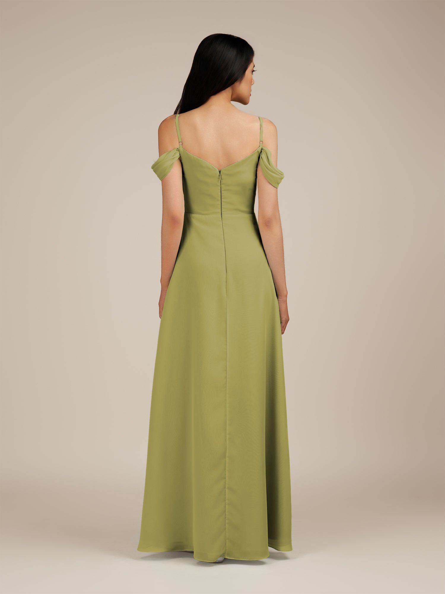 KissDress-Agate Moss Green A Line Chiffon Off the Shoulder Long Bridesmaid Dress