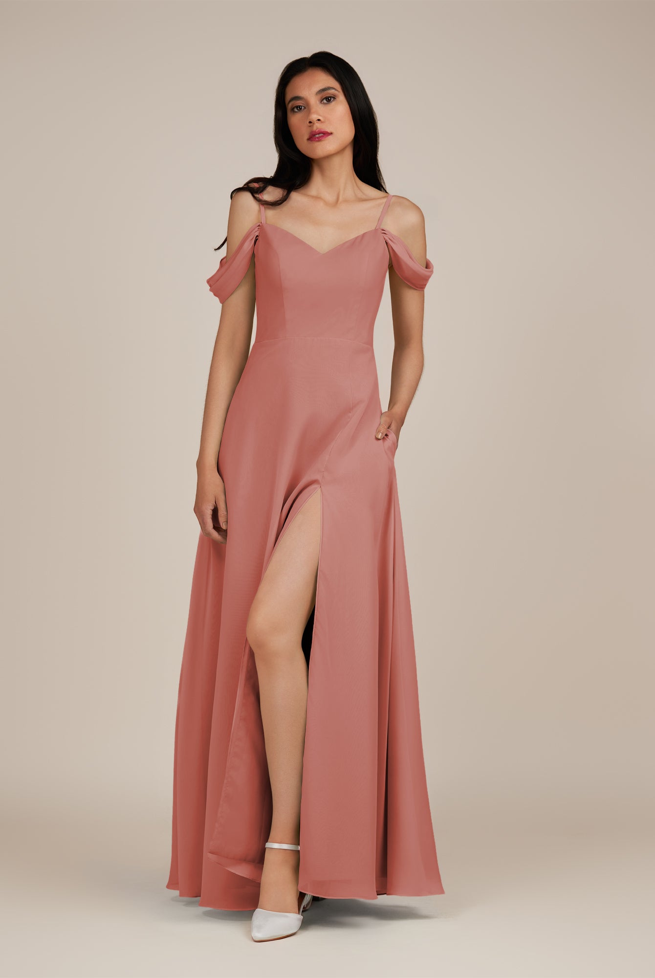 KissDress-Agate Mulberry A Line Chiffon Off the Shoulder Long Bridesmaid Dress