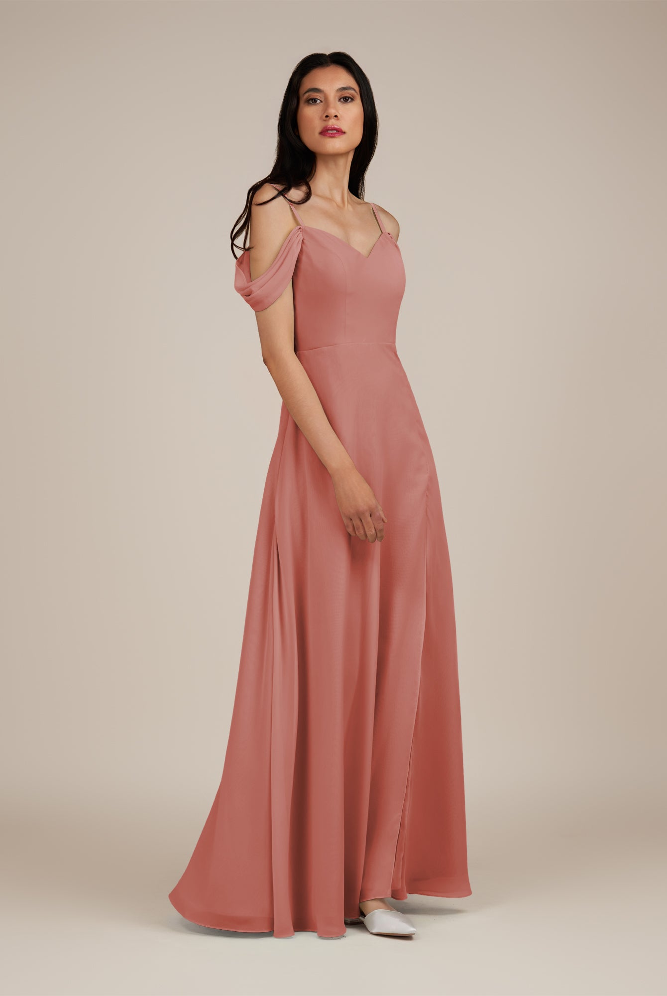 KissDress-Agate Mulberry A Line Chiffon Off the Shoulder Long Bridesmaid Dress