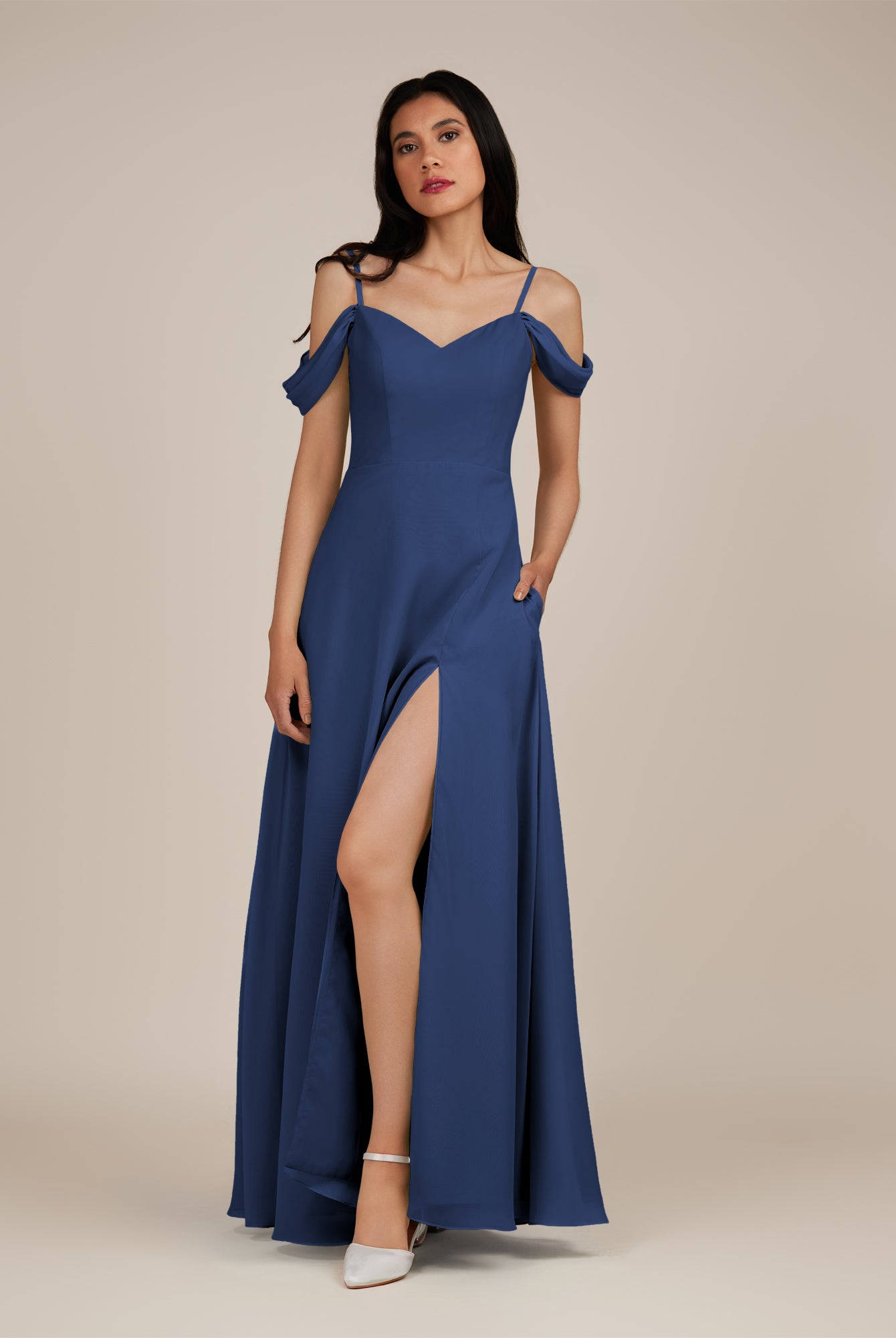 KissDress-Agate Navy A Line Chiffon Off the Shoulder Long Bridesmaid Dress