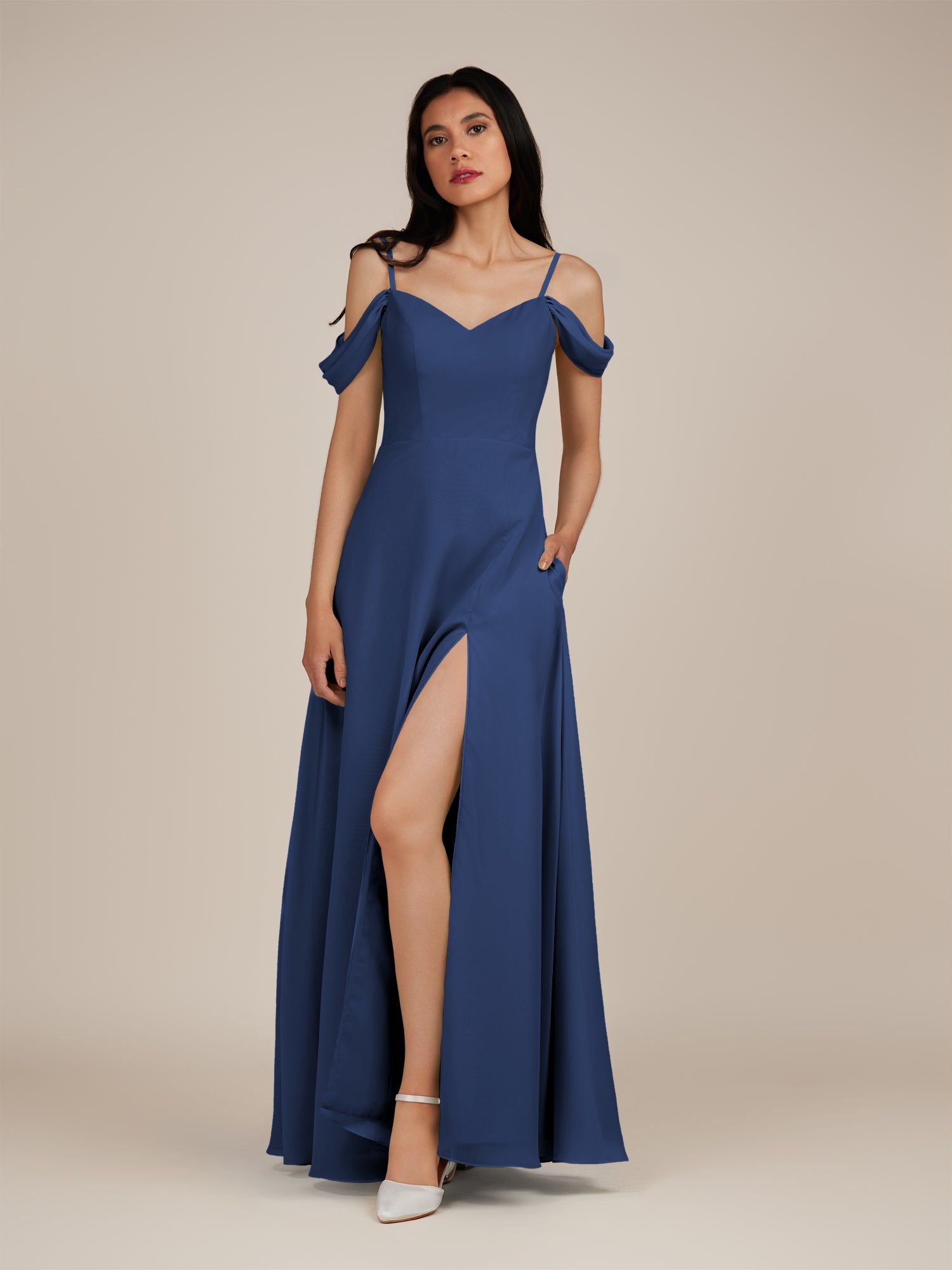 KissDress-Agate Navy A Line Chiffon Off the Shoulder Long Bridesmaid Dress