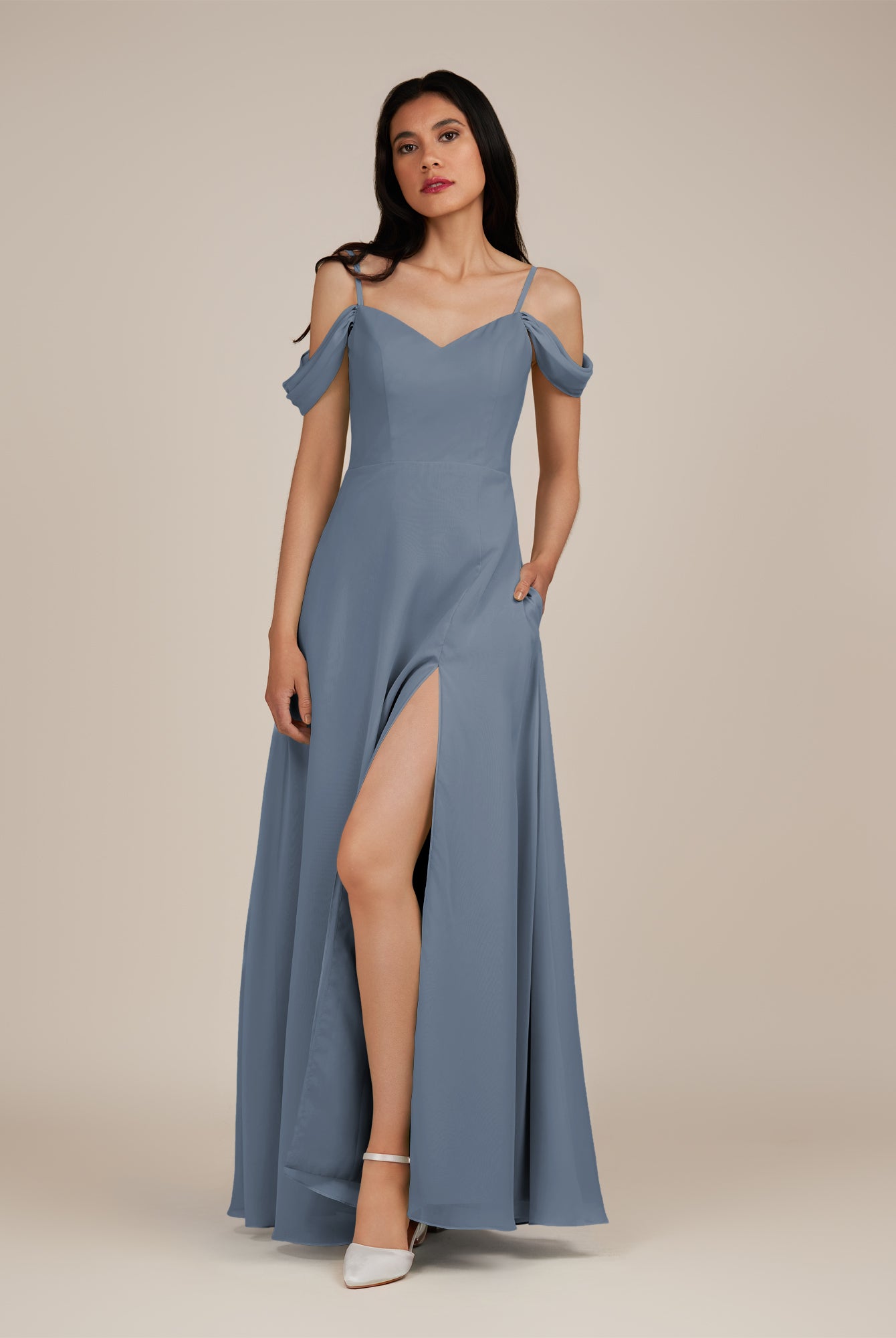 KissDress-Agate Neptune A Line Chiffon Off the Shoulder Long Bridesmaid Dress