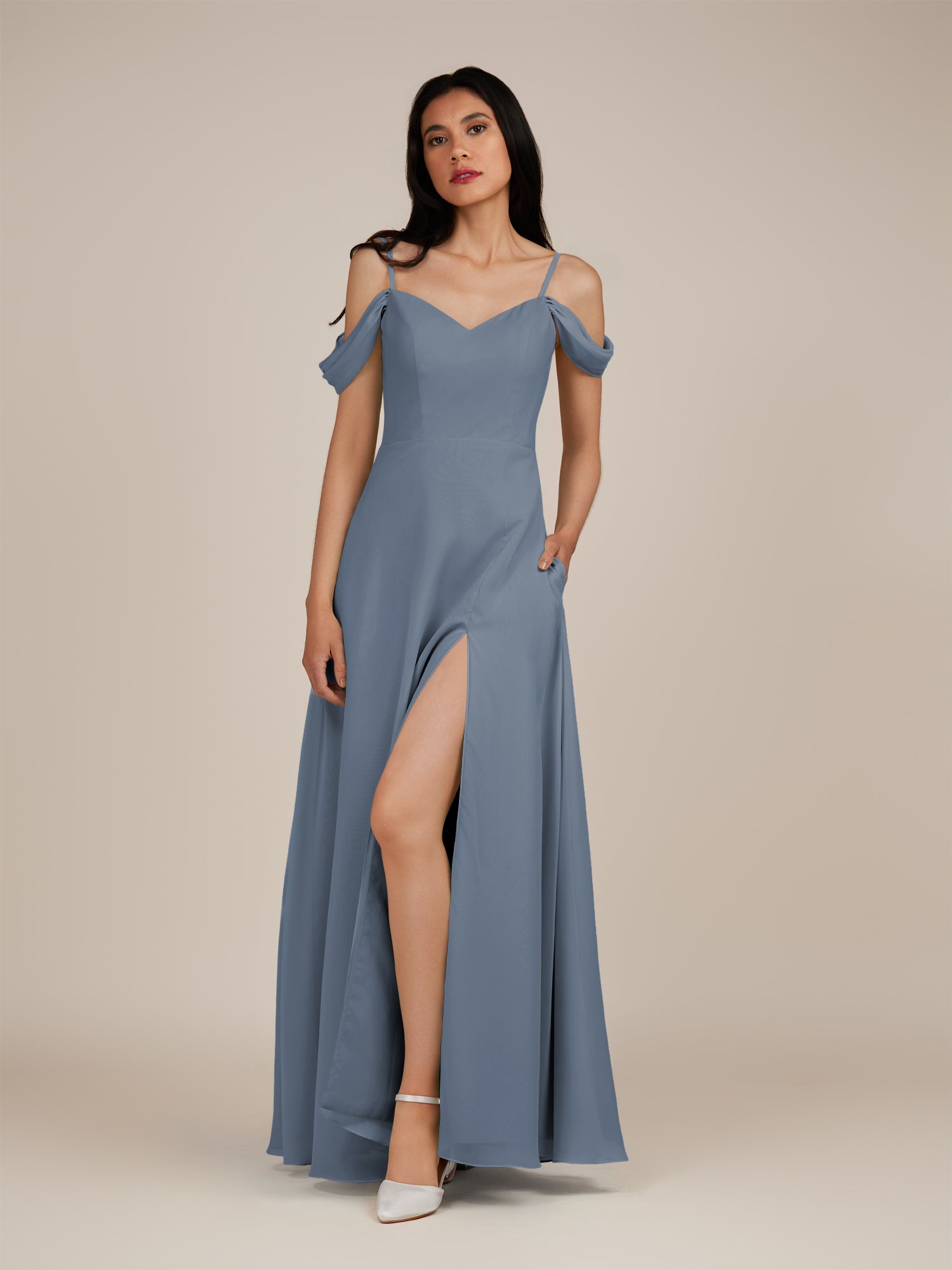 KissDress-Agate Neptune A Line Chiffon Off the Shoulder Long Bridesmaid Dress
