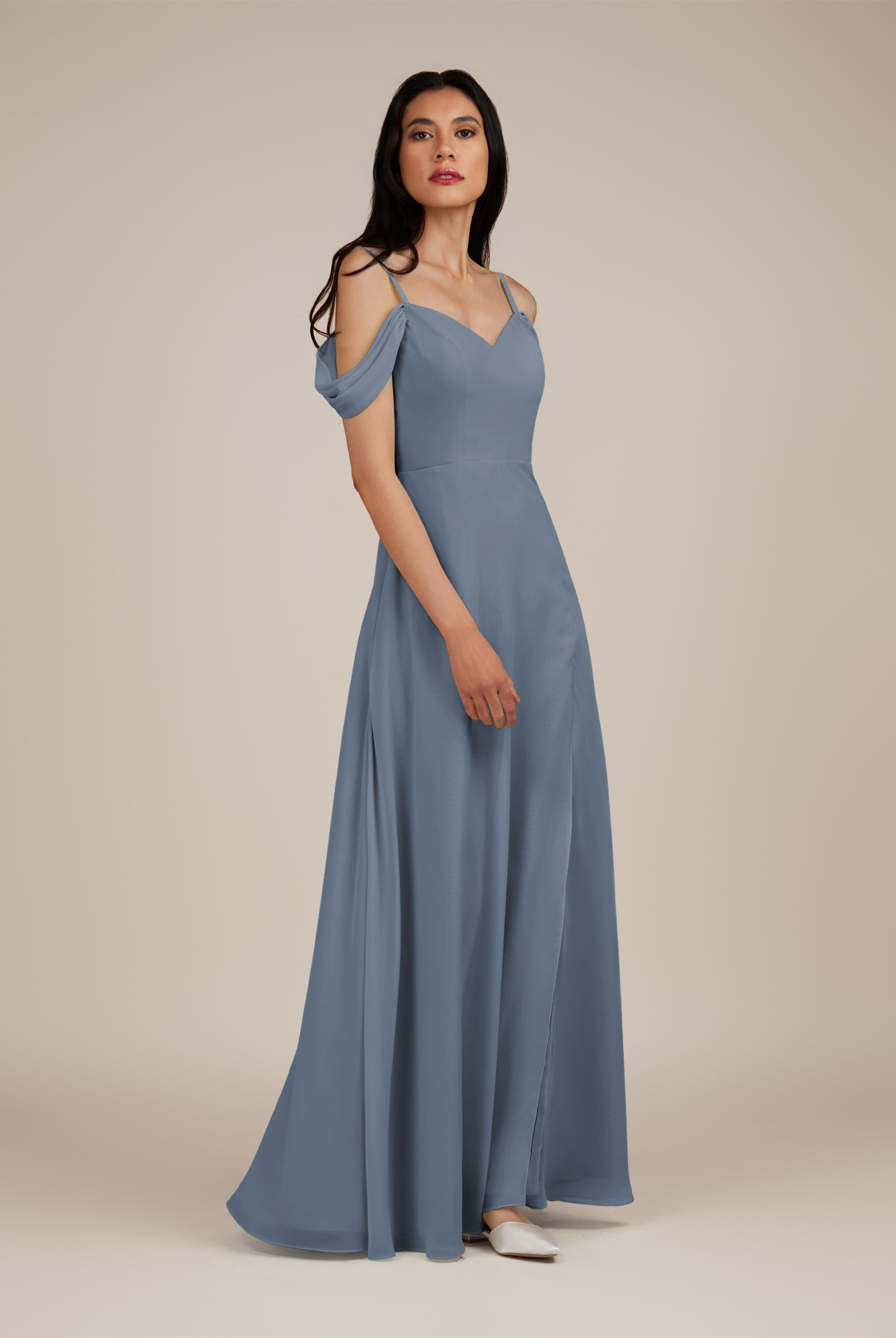 KissDress-Agate Neptune A Line Chiffon Off the Shoulder Long Bridesmaid Dress