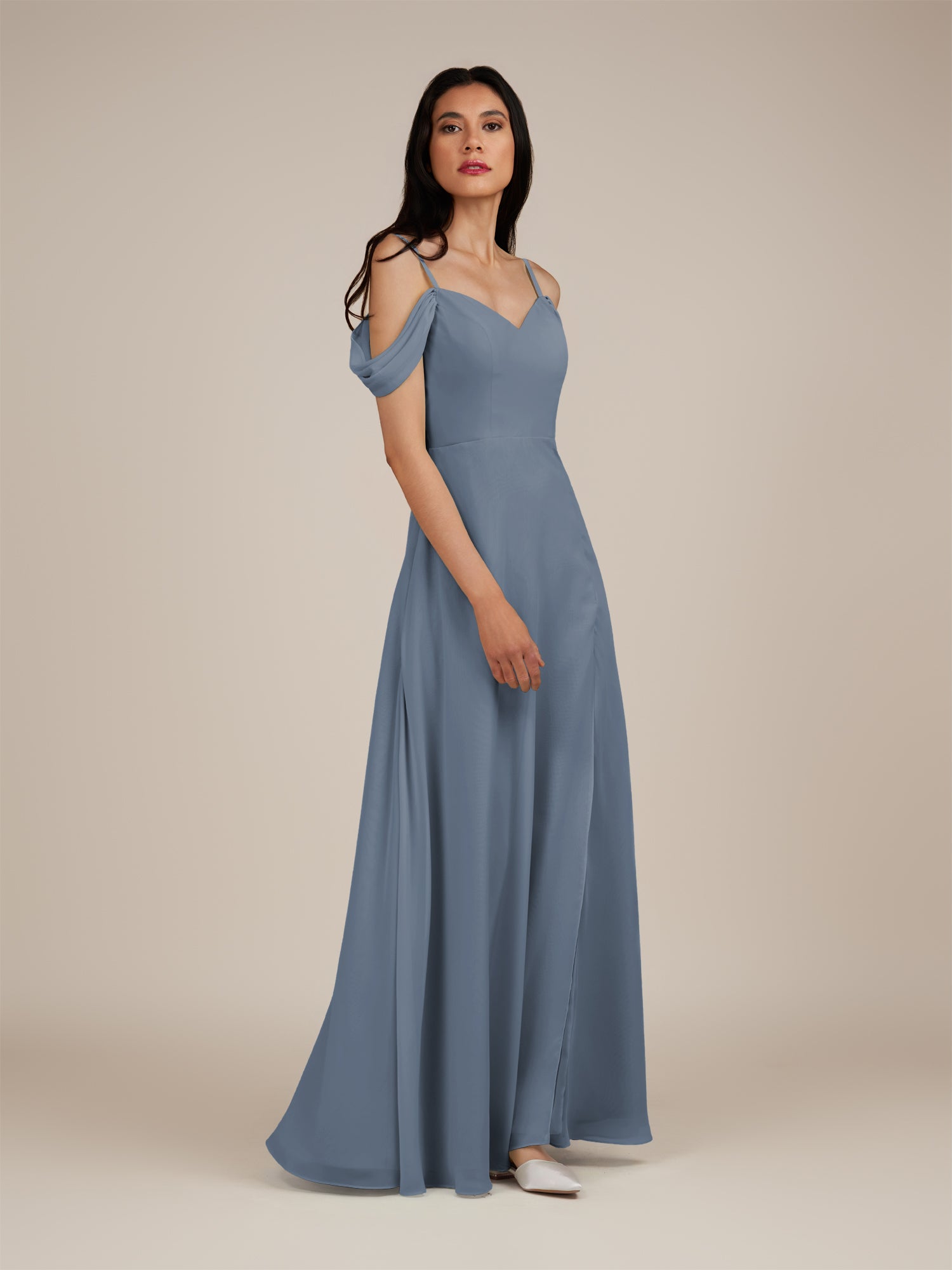 KissDress-Agate Neptune A Line Chiffon Off the Shoulder Long Bridesmaid Dress