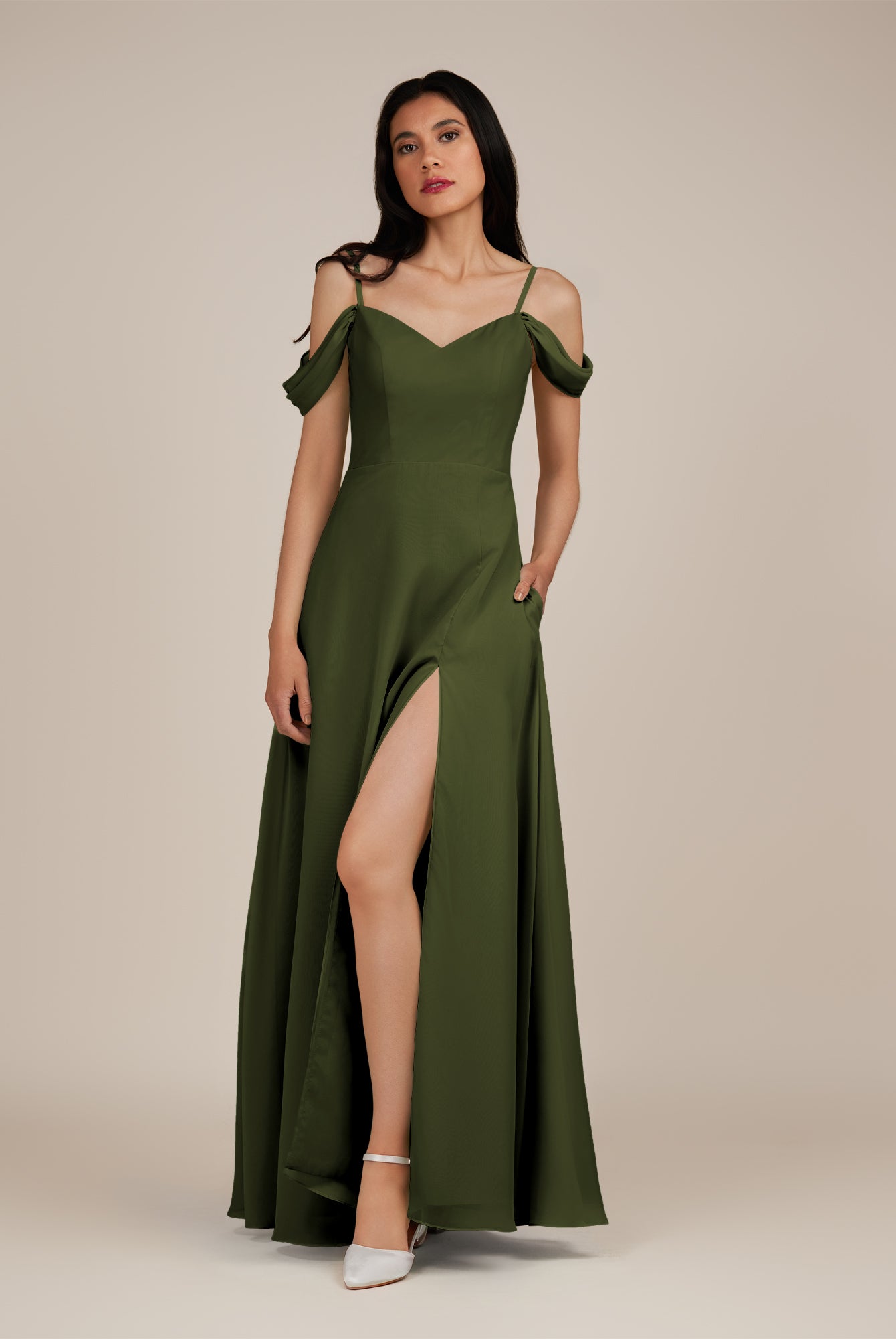 KissDress-Agate Olive A Line Chiffon Off the Shoulder Long Bridesmaid Dress