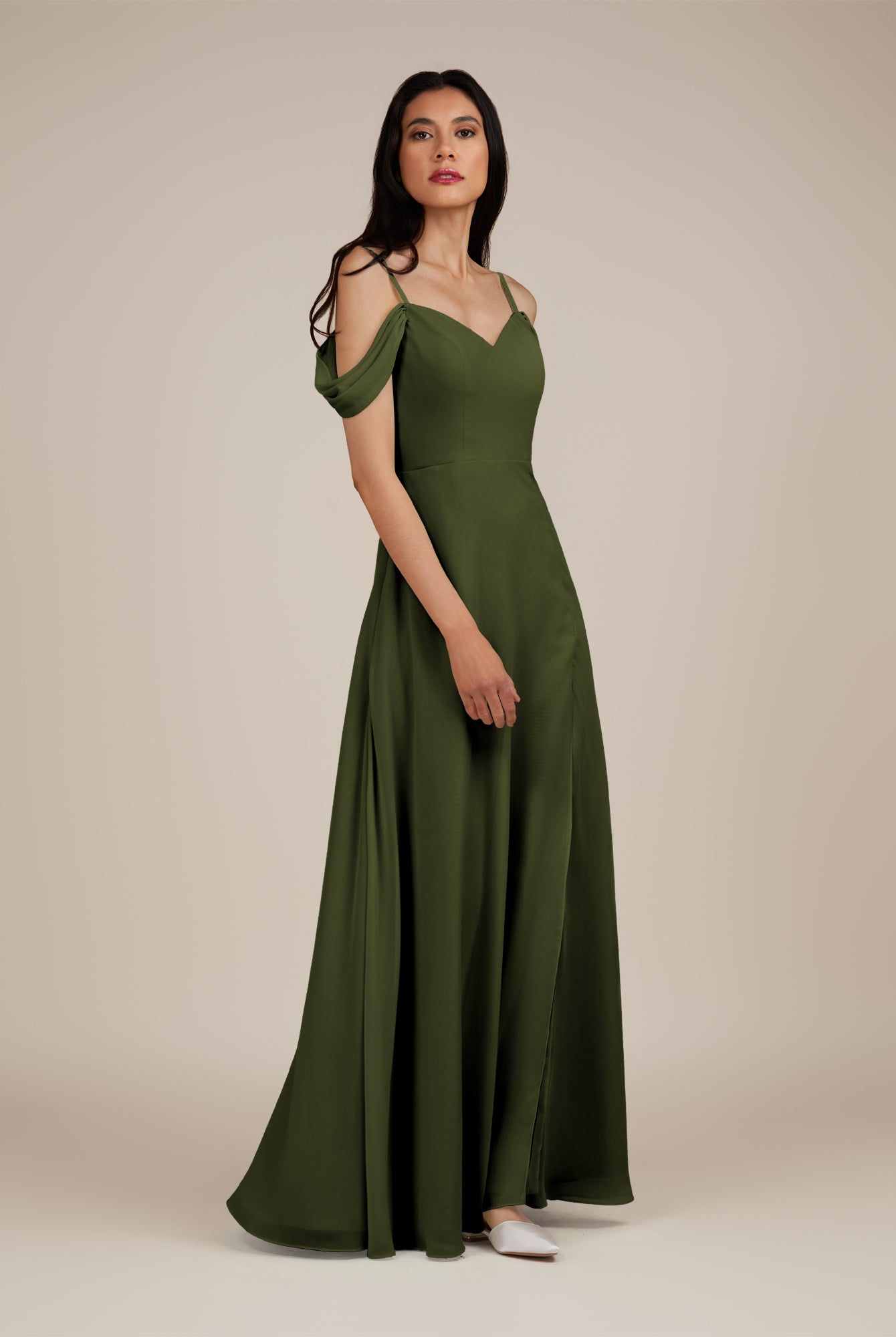 KissDress-Agate Olive A Line Chiffon Off the Shoulder Long Bridesmaid Dress