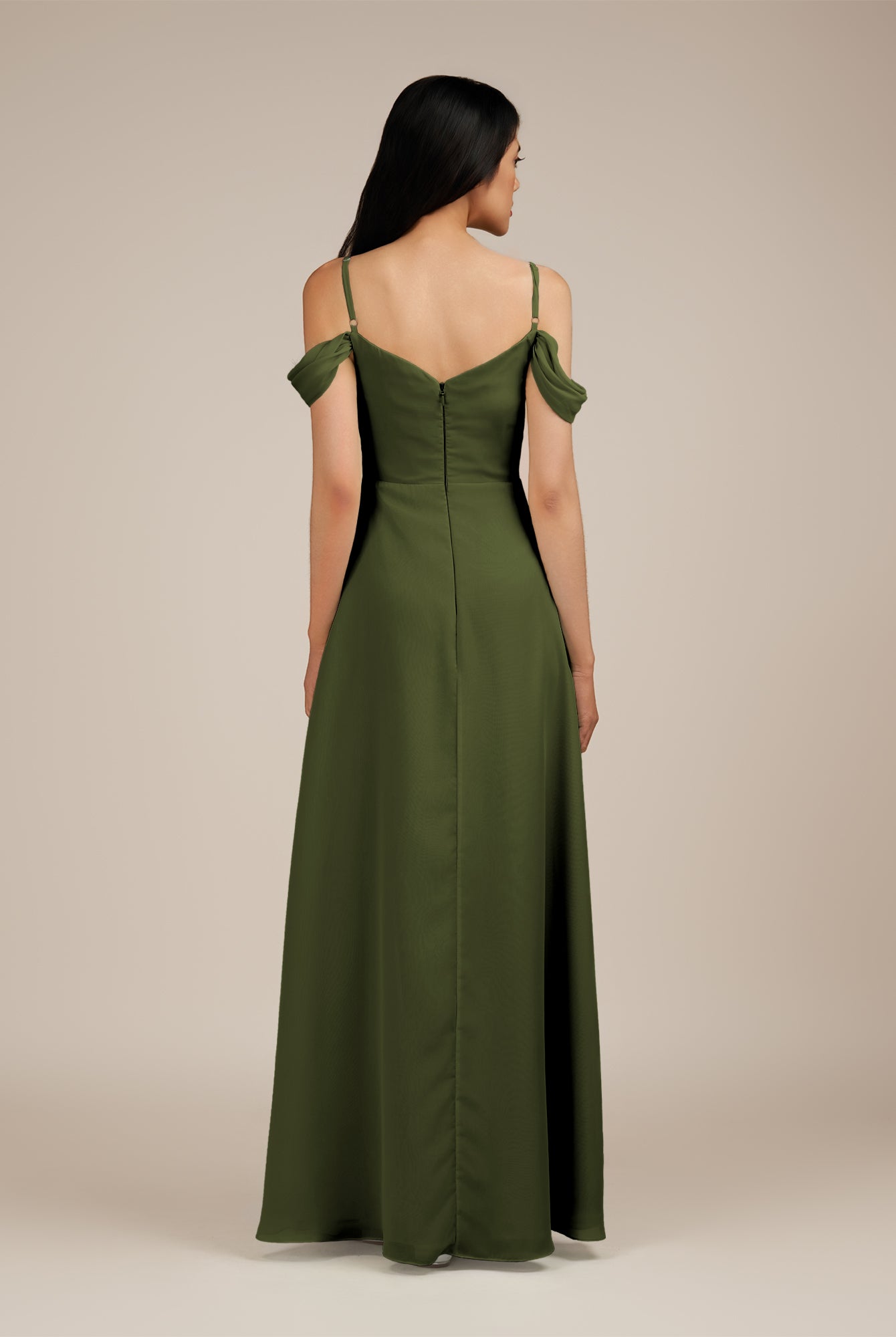 KissDress-Agate Olive A Line Chiffon Off the Shoulder Long Bridesmaid Dress
