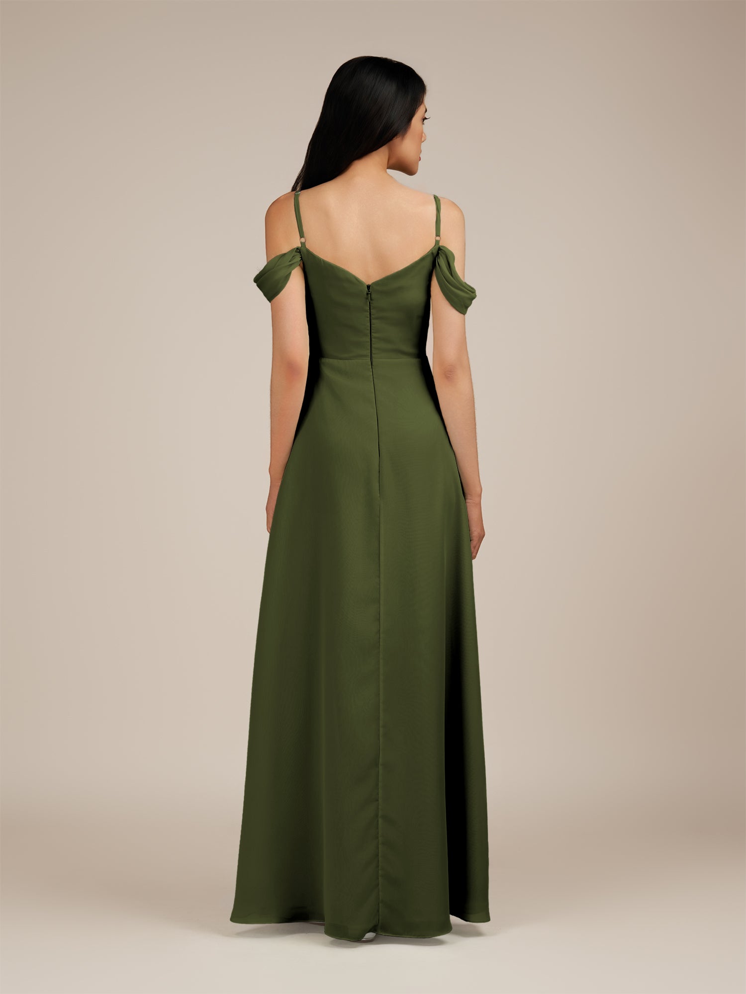 KissDress-Agate Olive A Line Chiffon Off the Shoulder Long Bridesmaid Dress