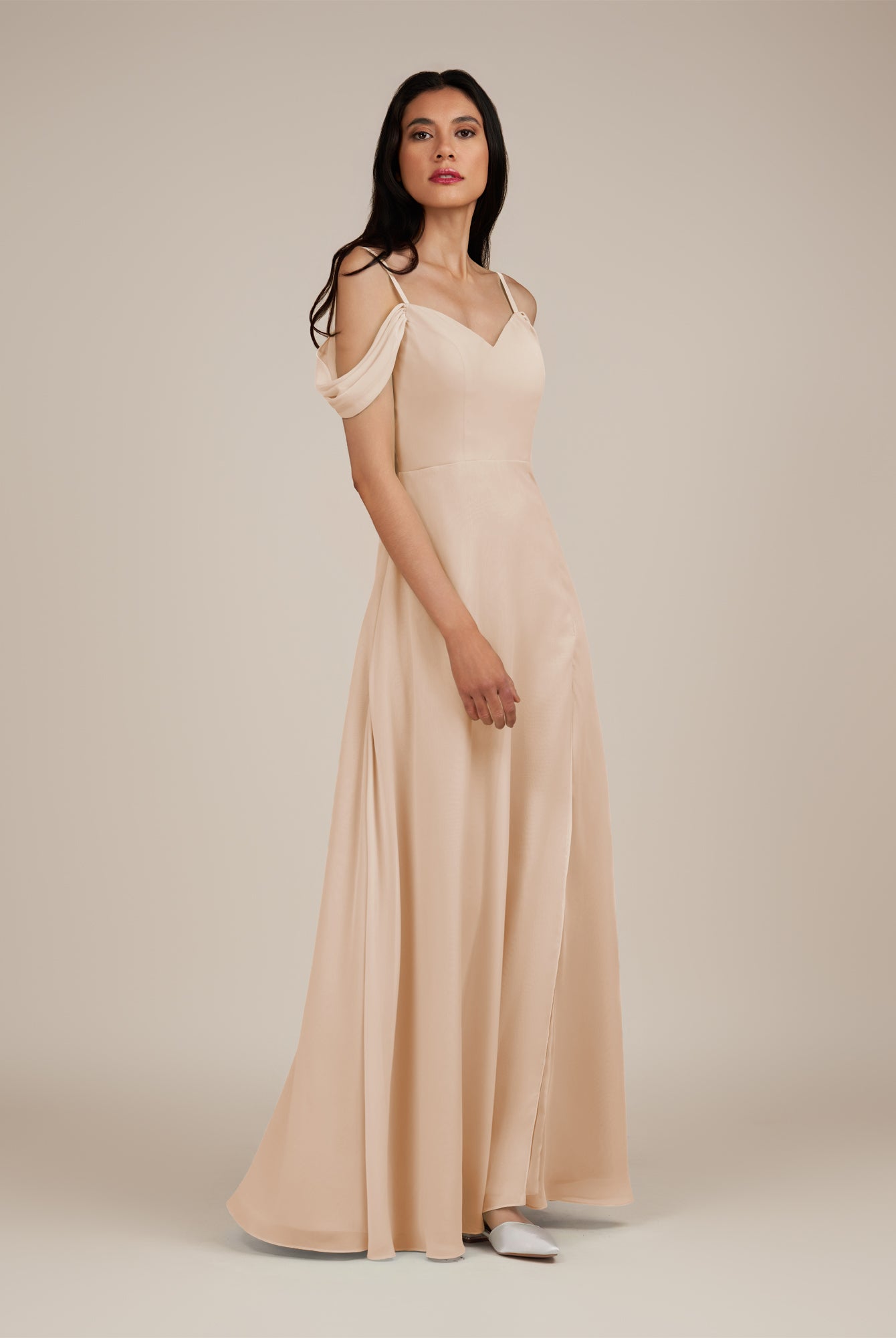 KissDress-Agate Pale Blush A Line Chiffon Off the Shoulder Long Bridesmaid Dress
