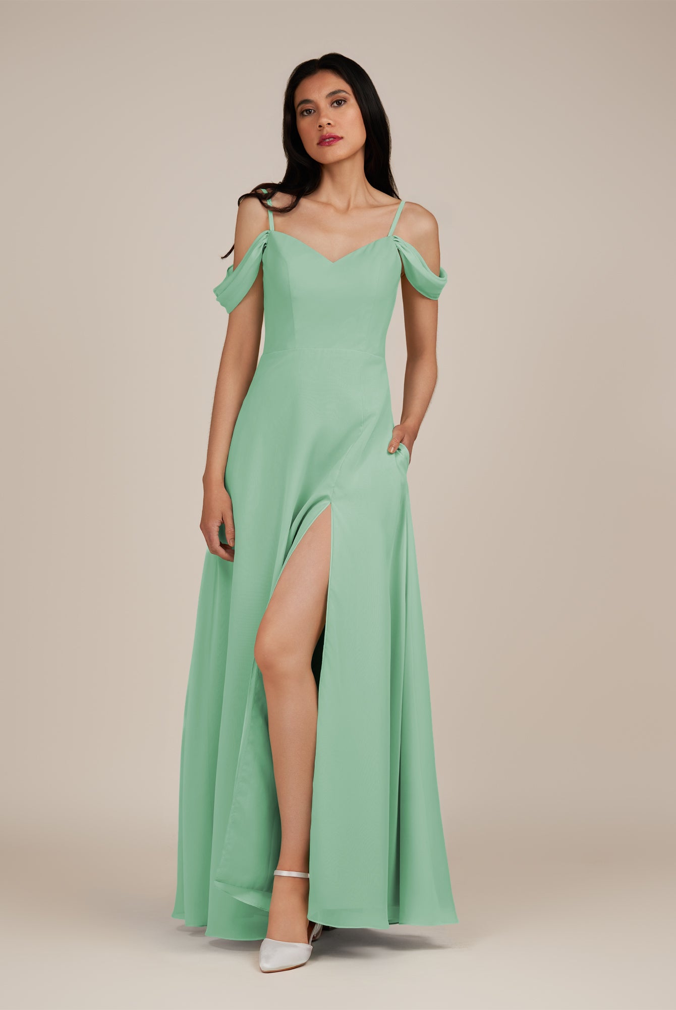 KissDress-Agate Pale Pistachio A Line Chiffon Off the Shoulder Long Bridesmaid Dress