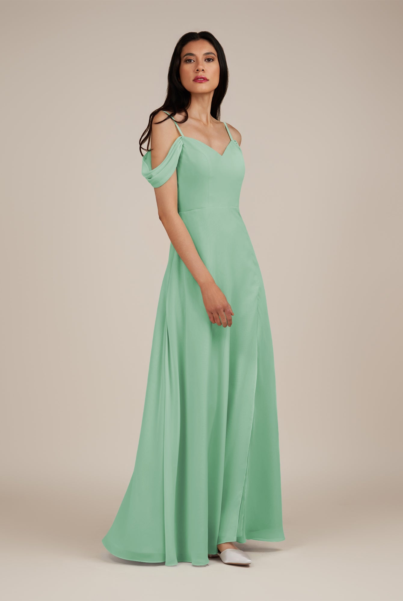 KissDress-Agate Pale Pistachio A Line Chiffon Off the Shoulder Long Bridesmaid Dress