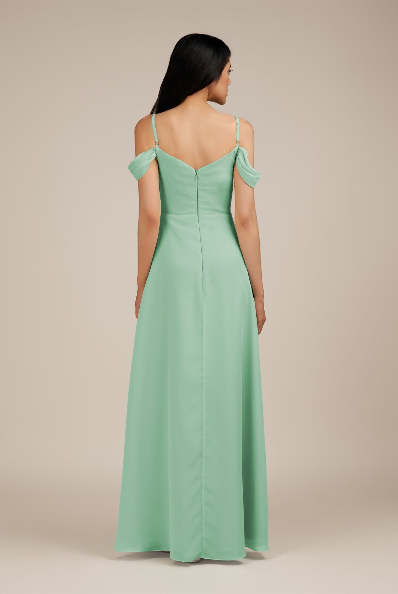 KissDress-Agate Pale Pistachio A Line Chiffon Off the Shoulder Long Bridesmaid Dress