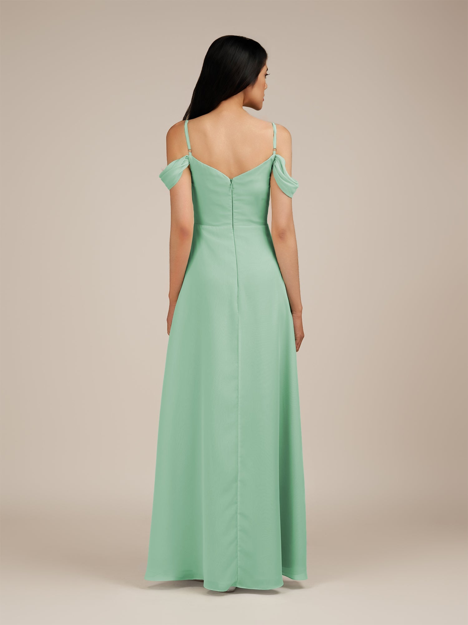 KissDress-Agate Pale Pistachio A Line Chiffon Off the Shoulder Long Bridesmaid Dress