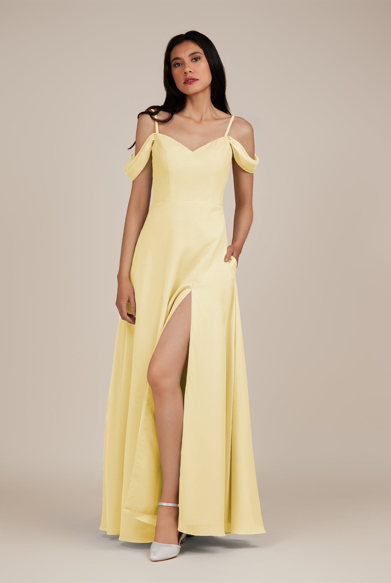 KissDress-Agate Pastel Yellow A Line Chiffon Off the Shoulder Long Bridesmaid Dress