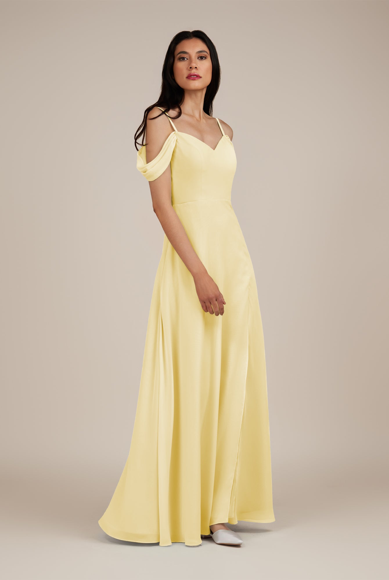 KissDress-Agate Pastel Yellow A Line Chiffon Off the Shoulder Long Bridesmaid Dress