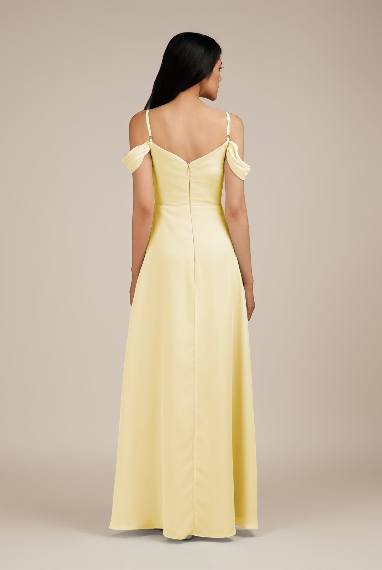 KissDress-Agate Pastel Yellow A Line Chiffon Off the Shoulder Long Bridesmaid Dress