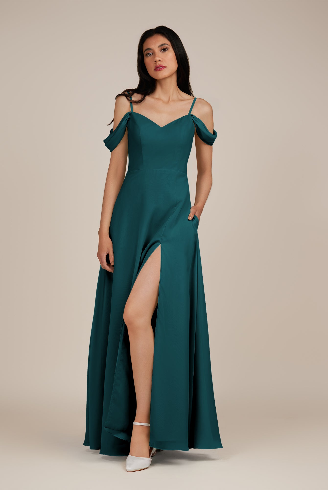 KissDress-Agate Pine A Line Chiffon Off the Shoulder Long Bridesmaid Dress