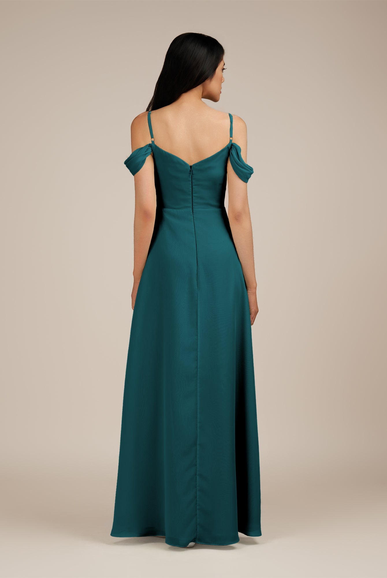 KissDress-Agate Pine A Line Chiffon Off the Shoulder Long Bridesmaid Dress