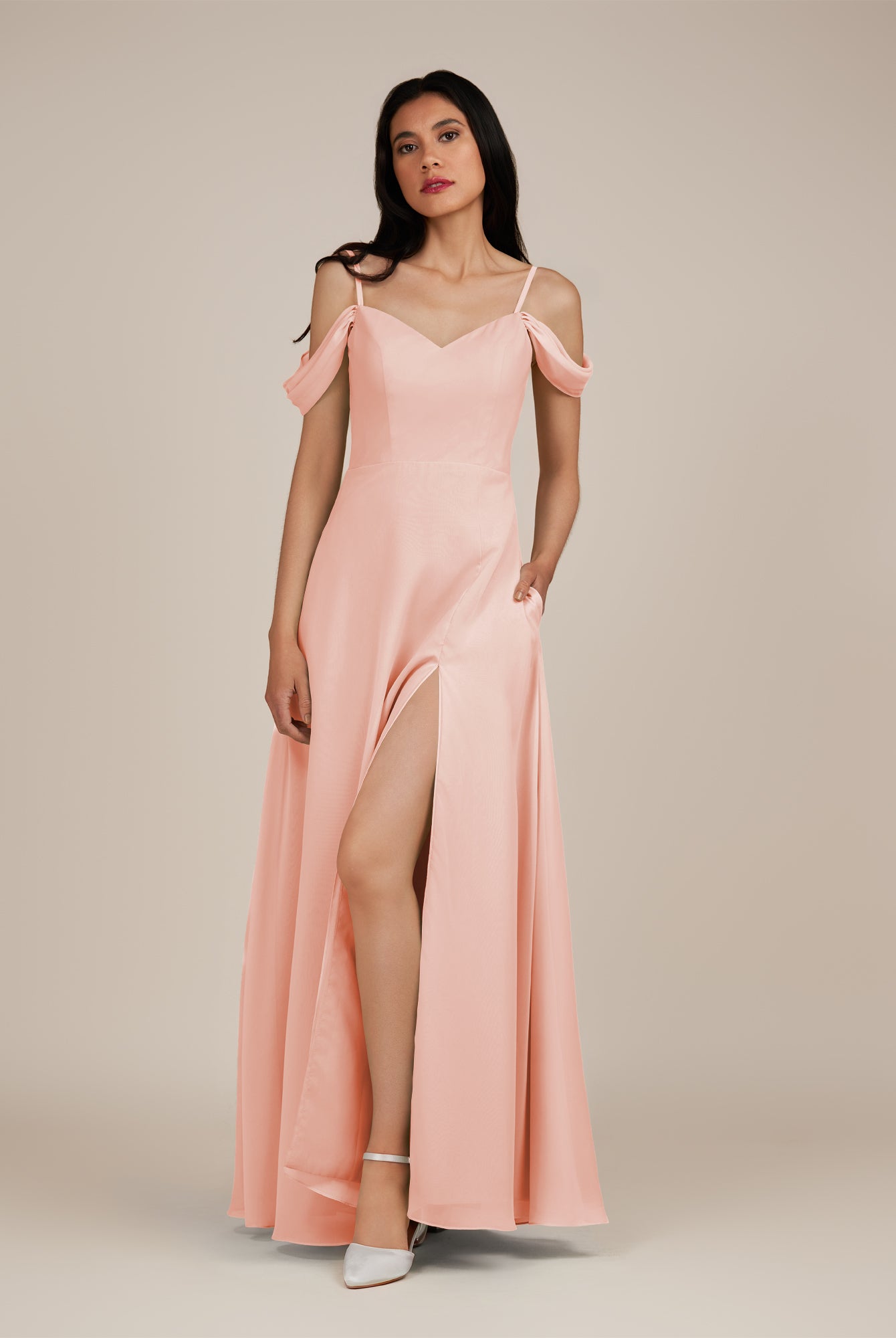 KissDress-Agate Rose Petal A Line Chiffon Off the Shoulder Long Bridesmaid Dress
