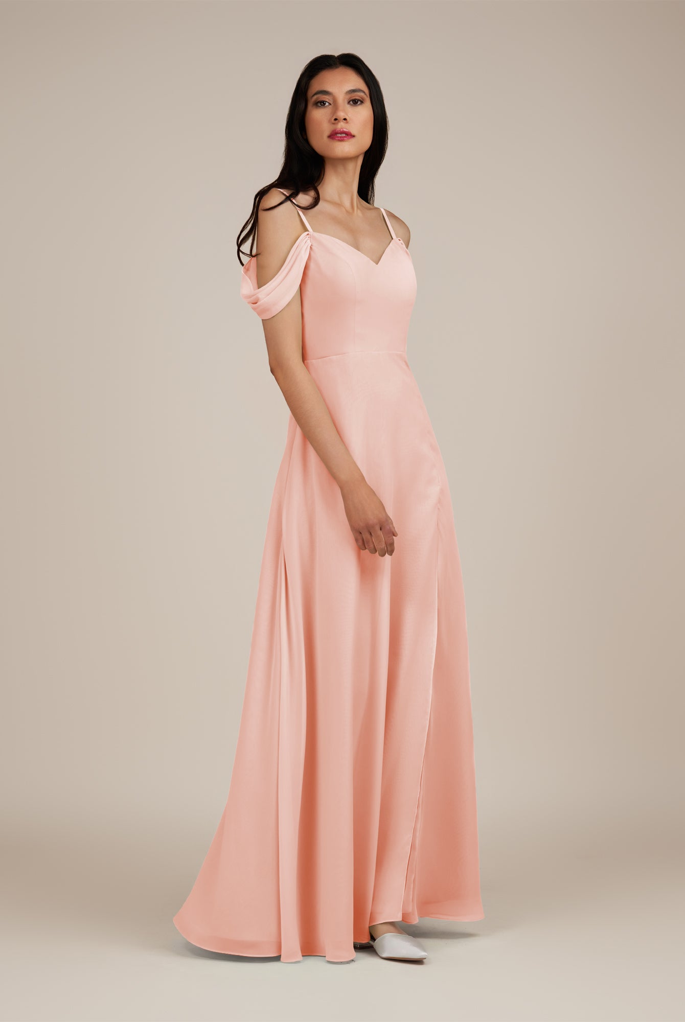 KissDress-Agate Rose Petal A Line Chiffon Off the Shoulder Long Bridesmaid Dress