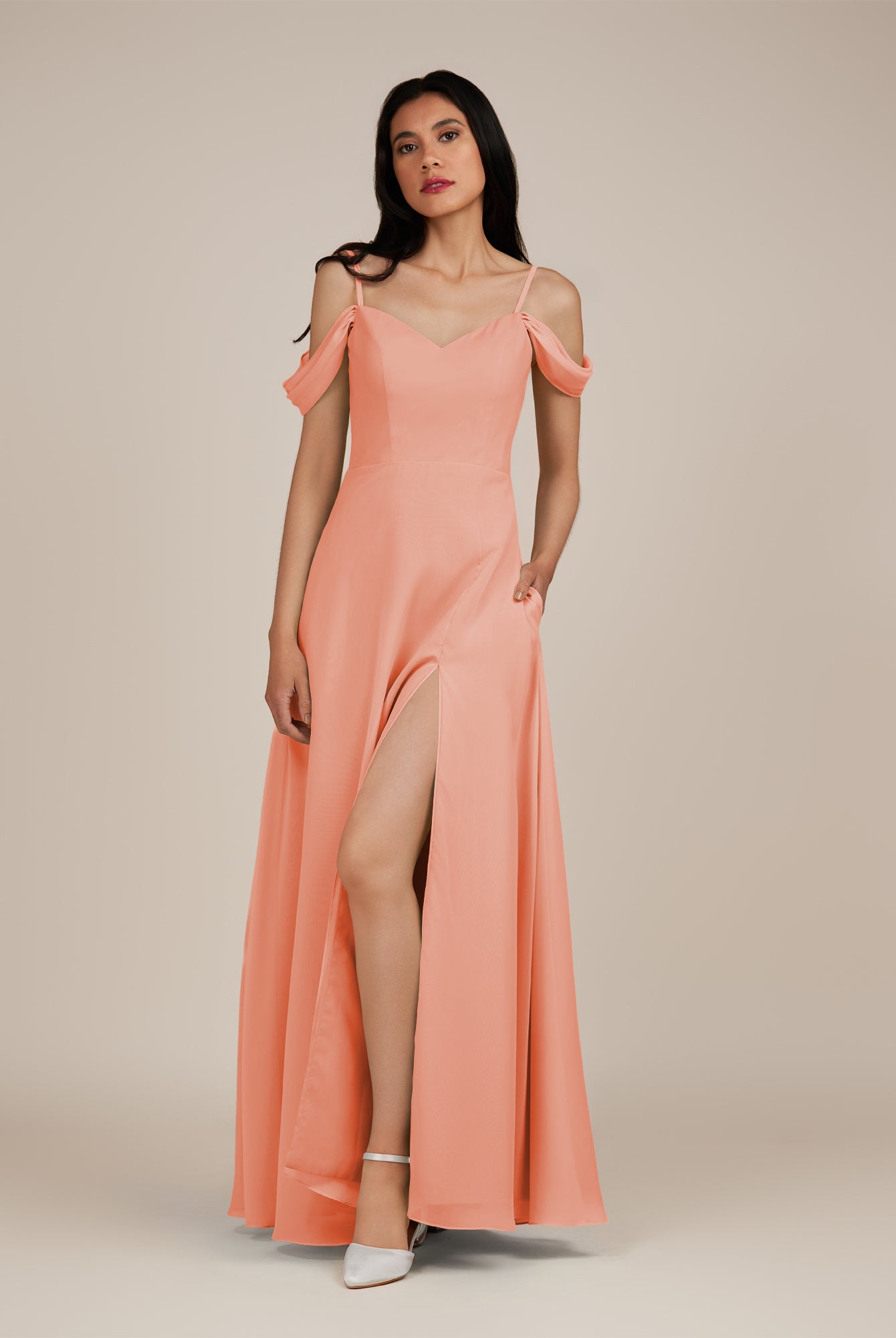 KissDress-Agate Rosette A Line Chiffon Off the Shoulder Long Bridesmaid Dress