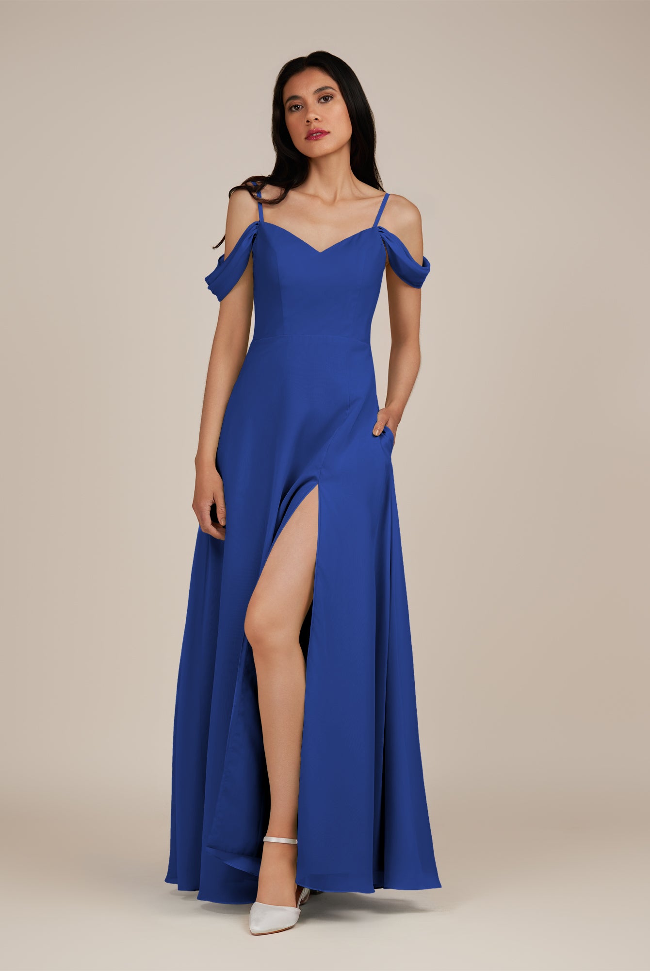 KissDress-Agate Royal Blue A Line Chiffon Off the Shoulder Long Bridesmaid Dress