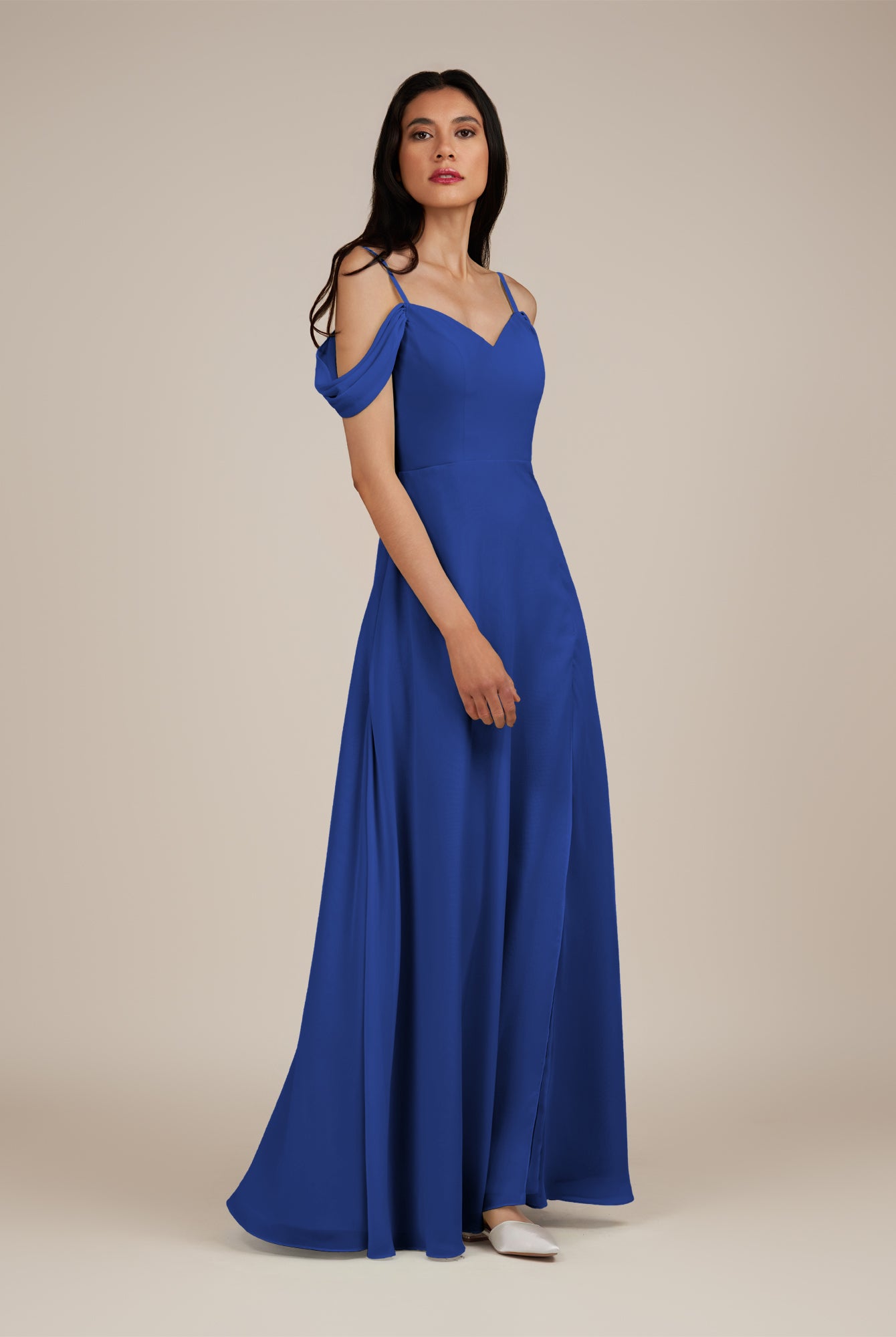 KissDress-Agate Royal Blue A Line Chiffon Off the Shoulder Long Bridesmaid Dress