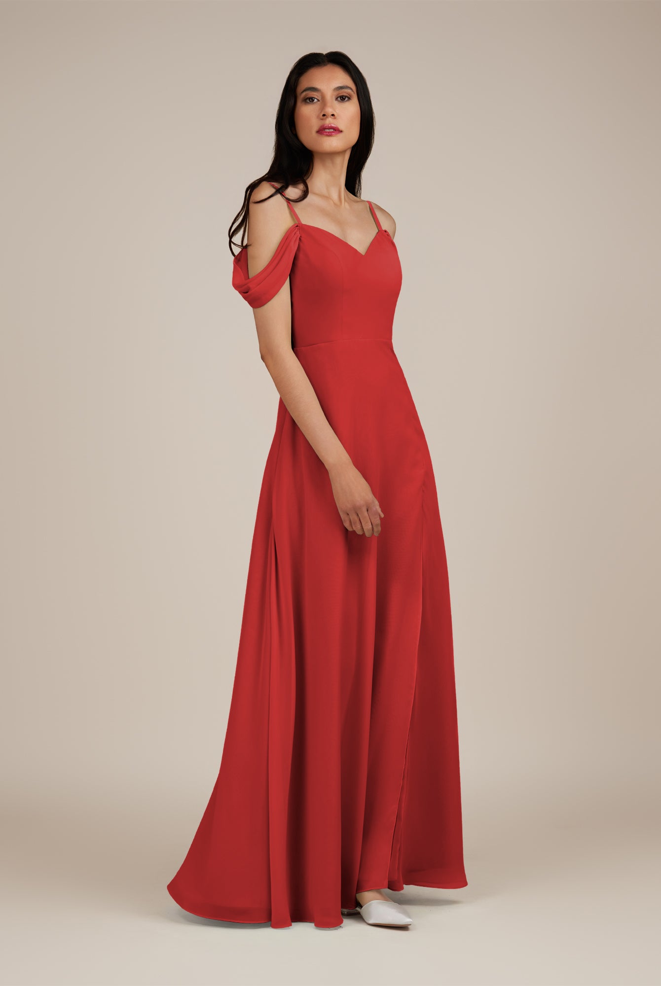 KissDress-Agate Ruby Red A Line Chiffon Off the Shoulder Long Bridesmaid Dress