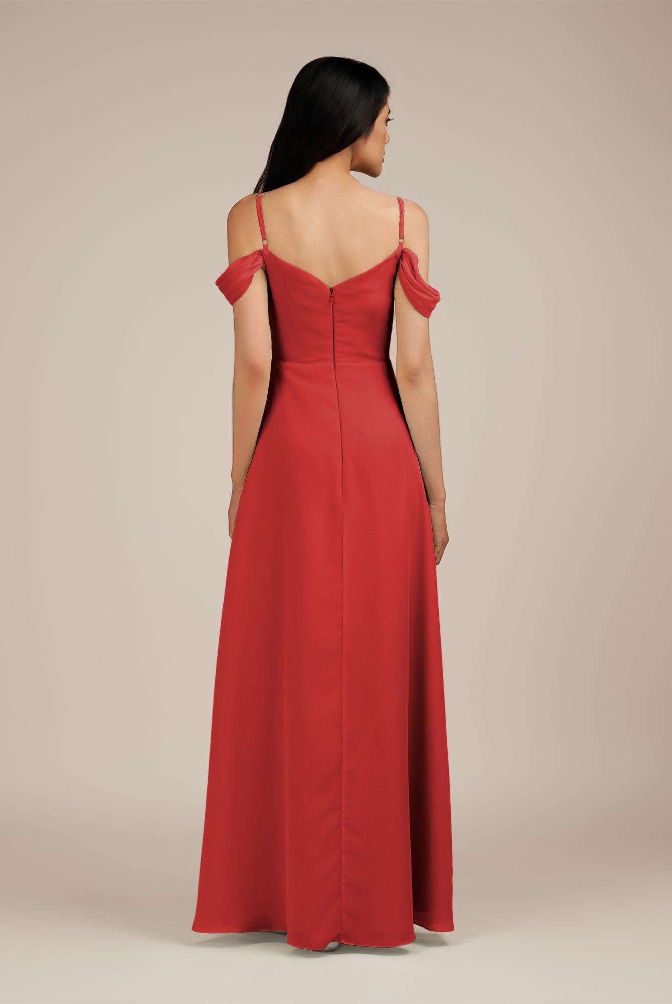 KissDress-Agate Ruby Red A Line Chiffon Off the Shoulder Long Bridesmaid Dress