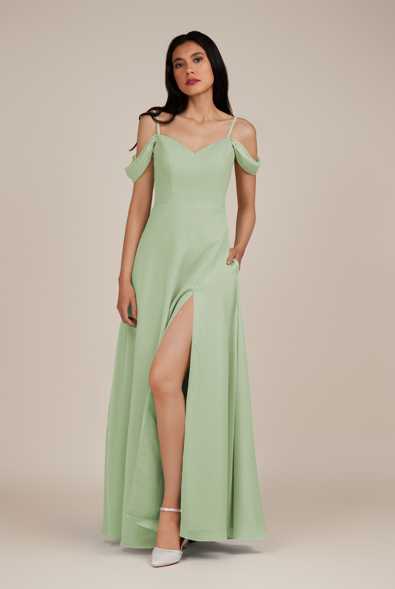 KissDress-Agate Sage A Line Chiffon Off the Shoulder Long Bridesmaid Dress
