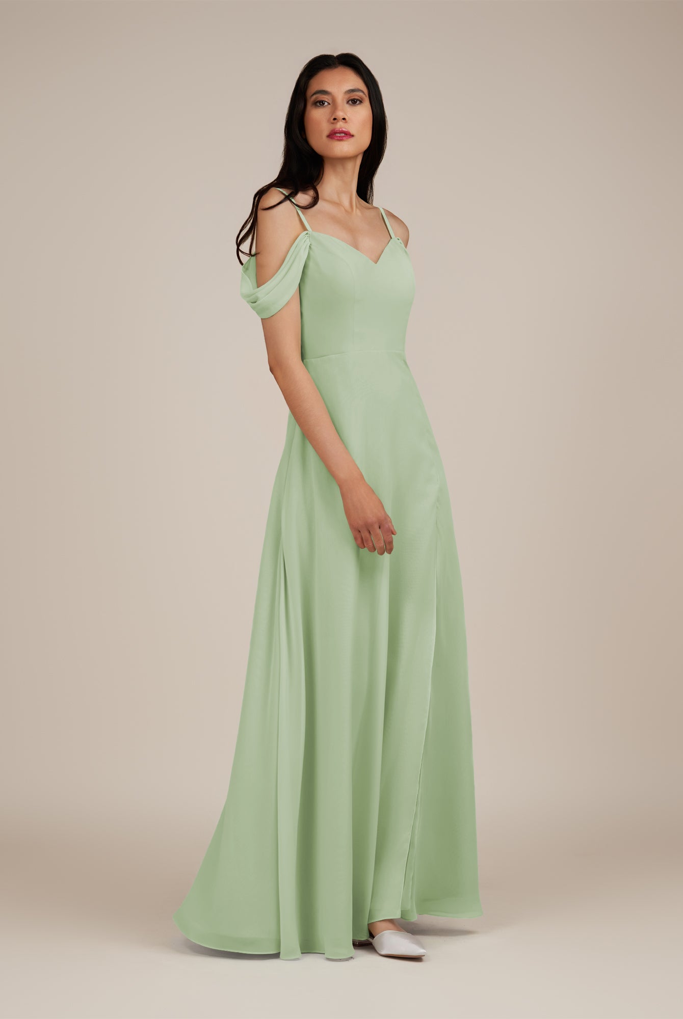 KissDress-Agate Sage A Line Chiffon Off the Shoulder Long Bridesmaid Dress