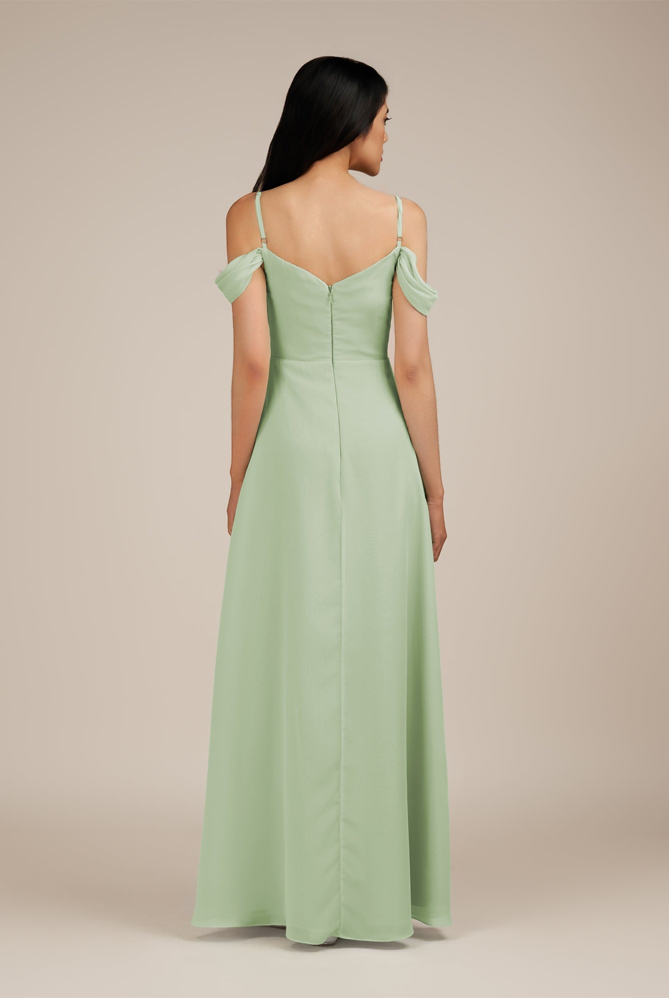 KissDress-Agate Sage A Line Chiffon Off the Shoulder Long Bridesmaid Dress