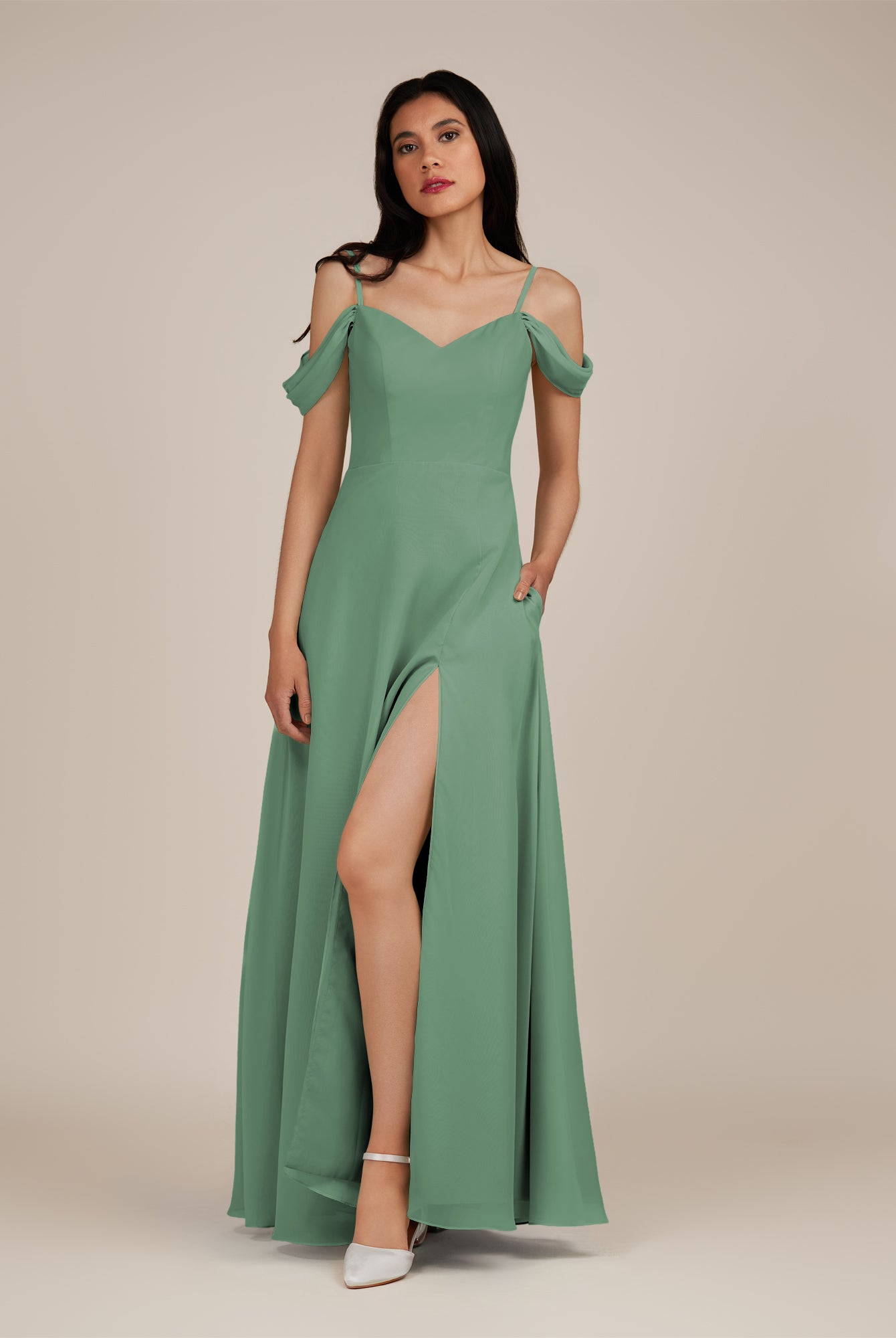 KissDress-Agate Sea Glass A Line Chiffon Off the Shoulder Long Bridesmaid Dress