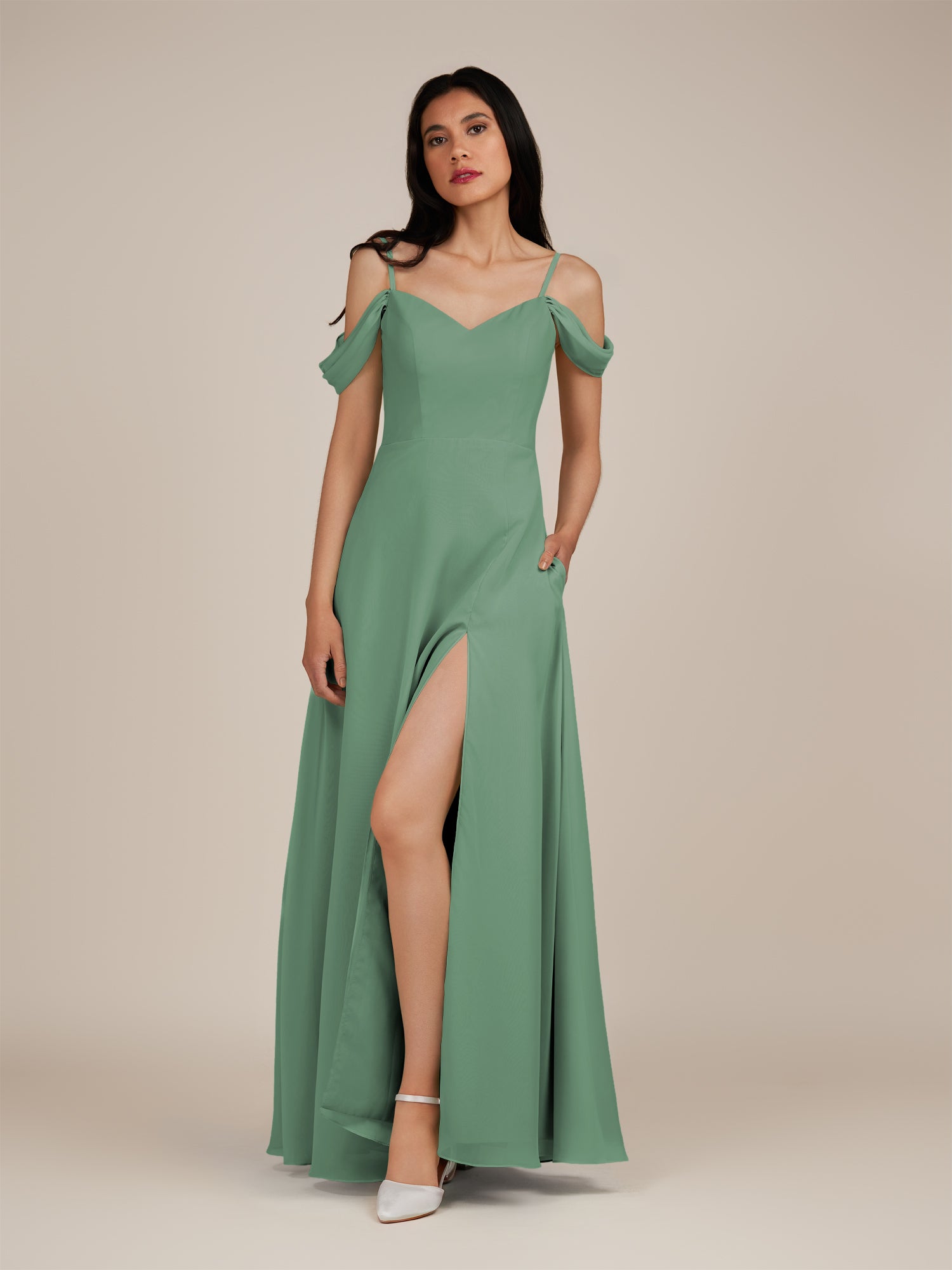 KissDress-Agate Sea Glass A Line Chiffon Off the Shoulder Long Bridesmaid Dress